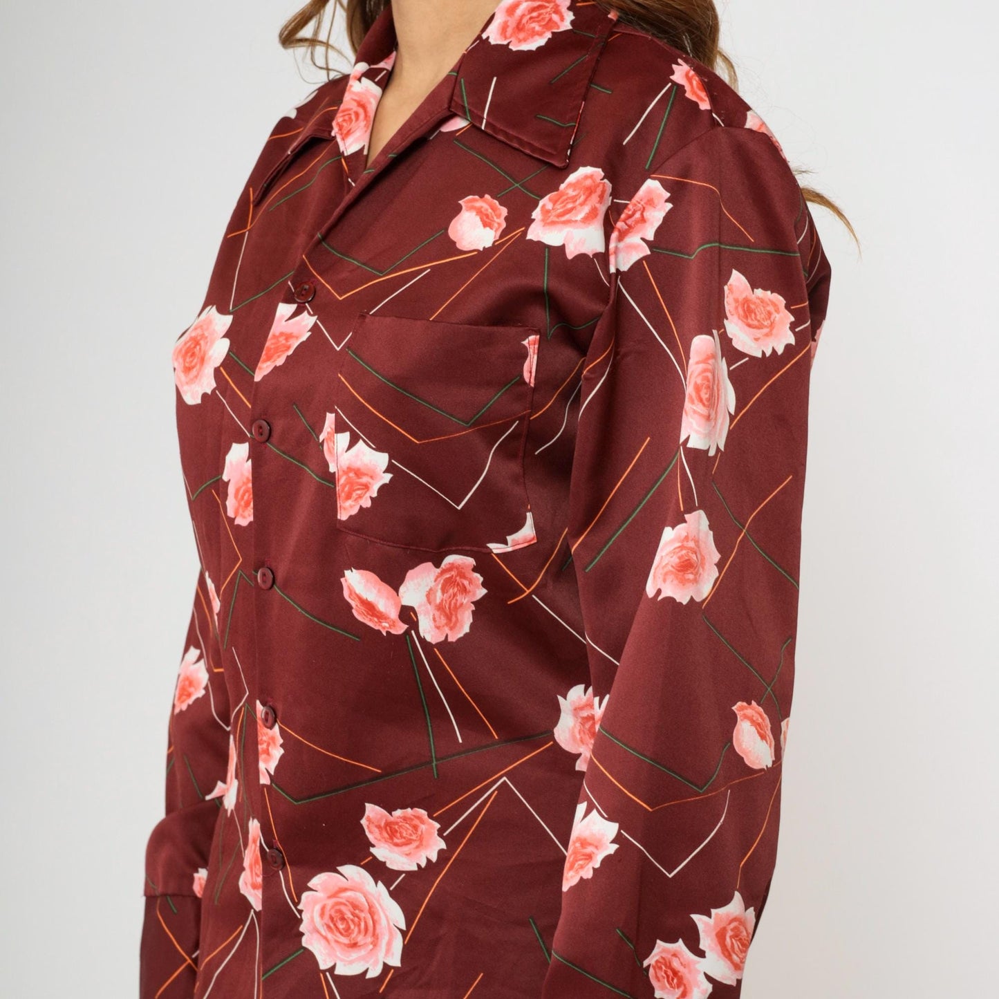 70s Triumph of California Floral Geometric Striped Button Up Shirt Maroon Medium