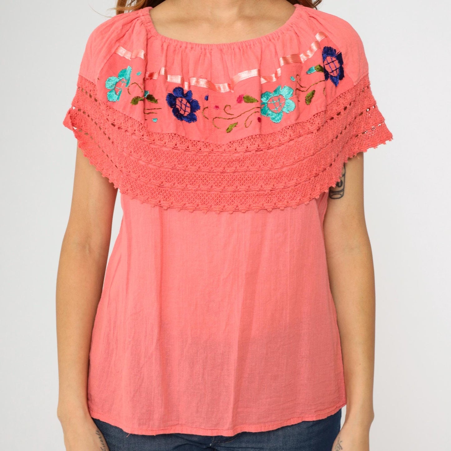 90s Coral Mexican Peasant Blouse Floral Embroidered Off-Shoulder Gauze Top Small