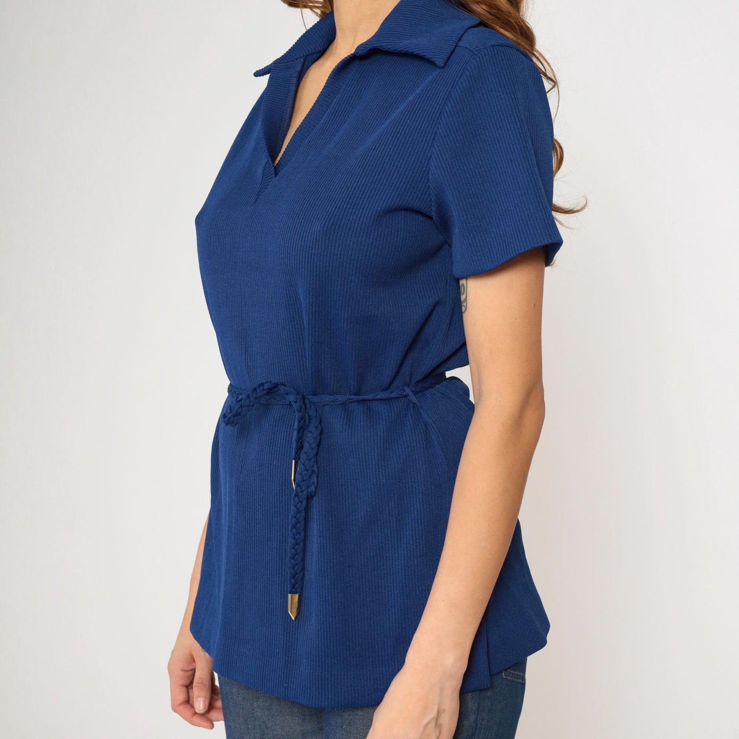 70s Dark Blue Ribbed Knit Johnny Collar Blouse Short Sleeve Large L