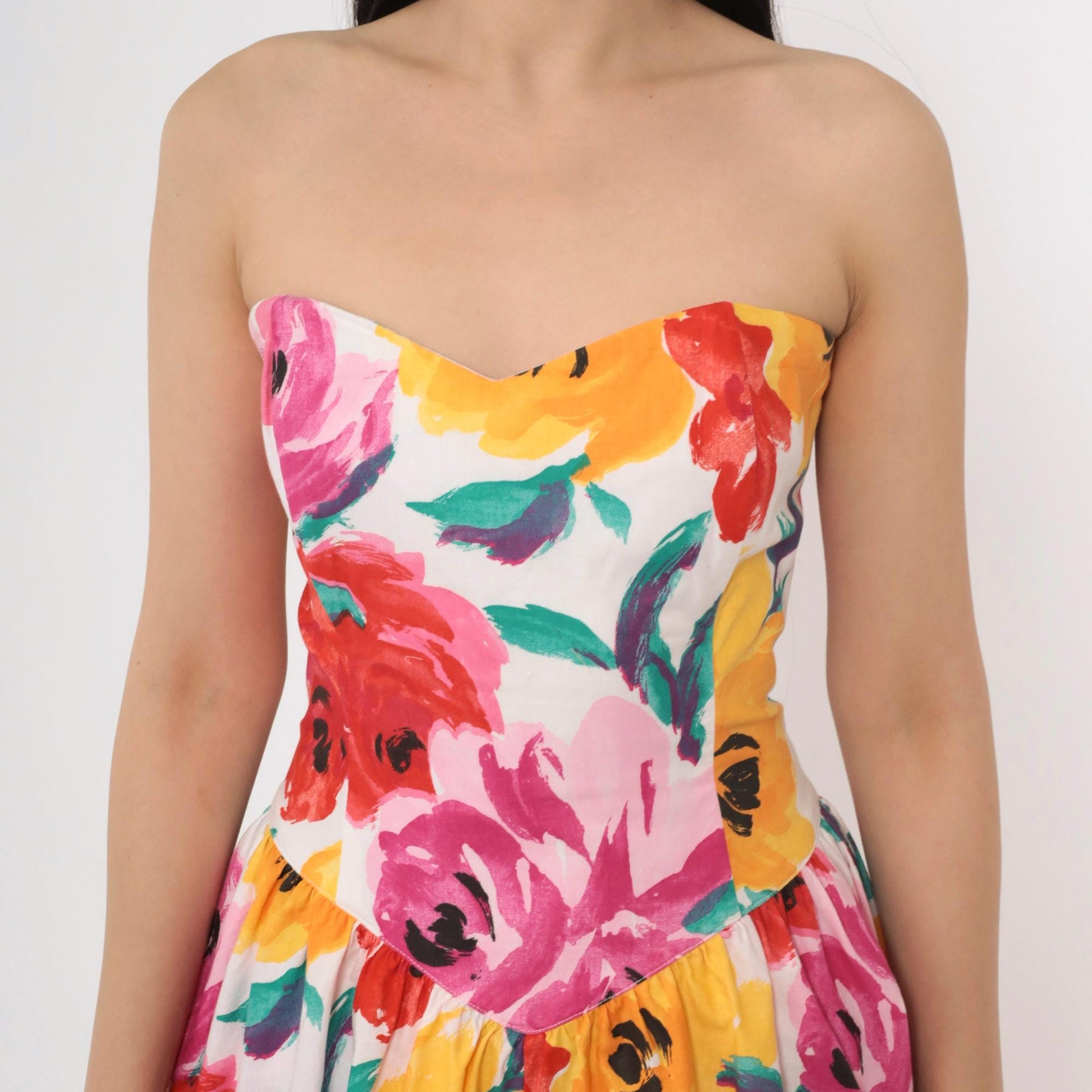 80s Robbie Bee Strapless Floral Midi Dress Sweetheart Neckline Smocked Pink Yellow Small Medium