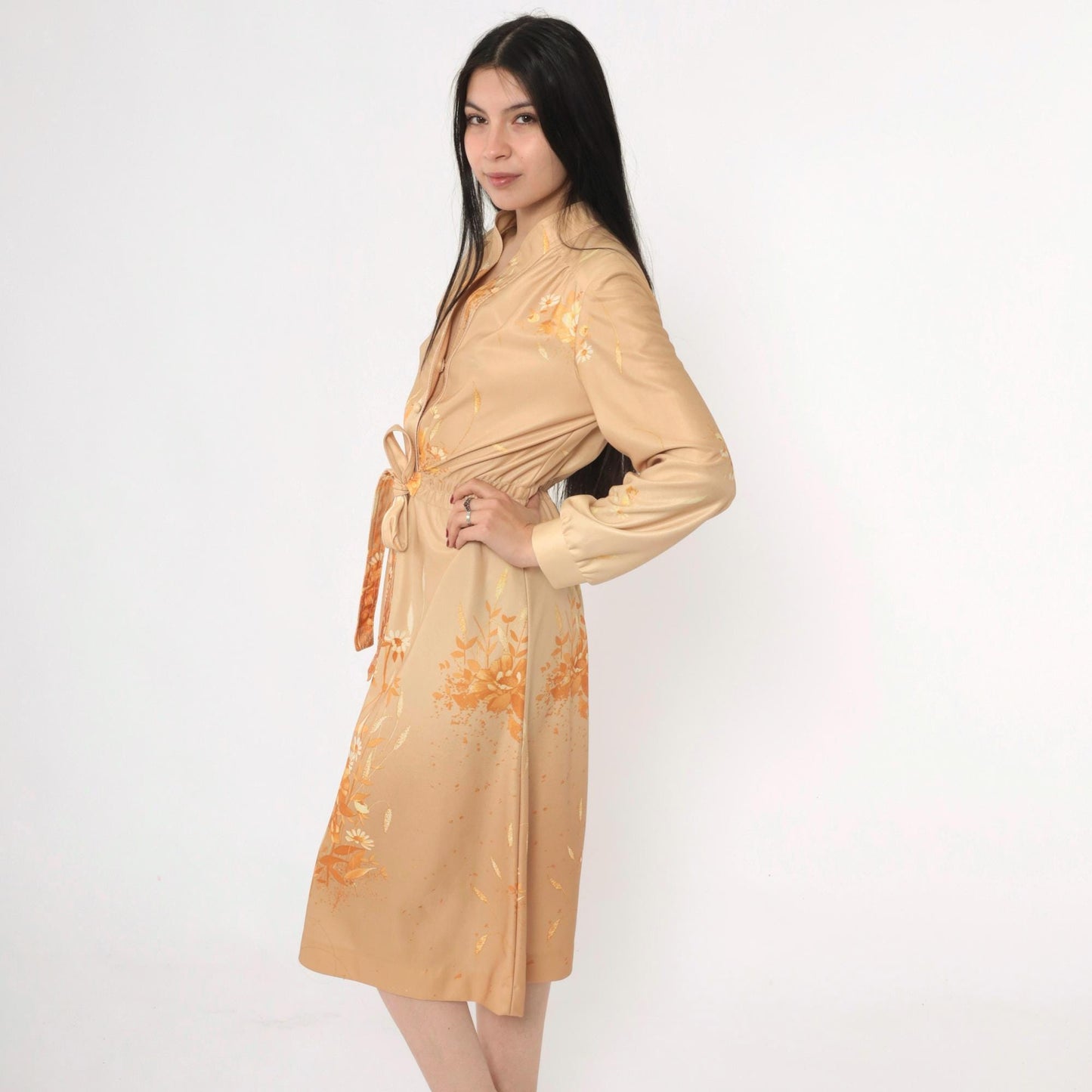 70s Tan Floral Midi Dress Button-Up Smocked Waist Tie Belt Long Sleeve Medium