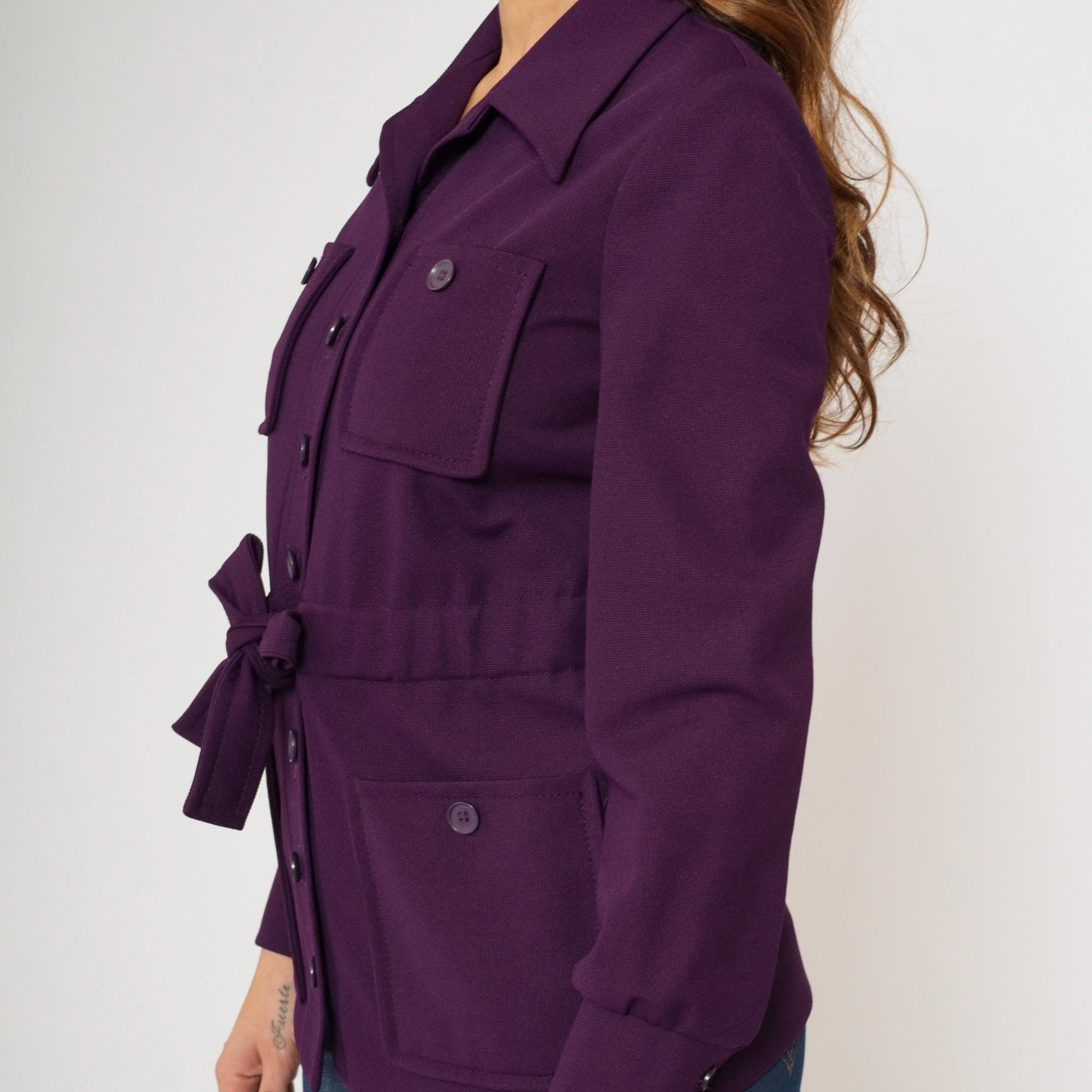70s Purple Safari Jacket Wide Collar Belted Utility Pockets Small