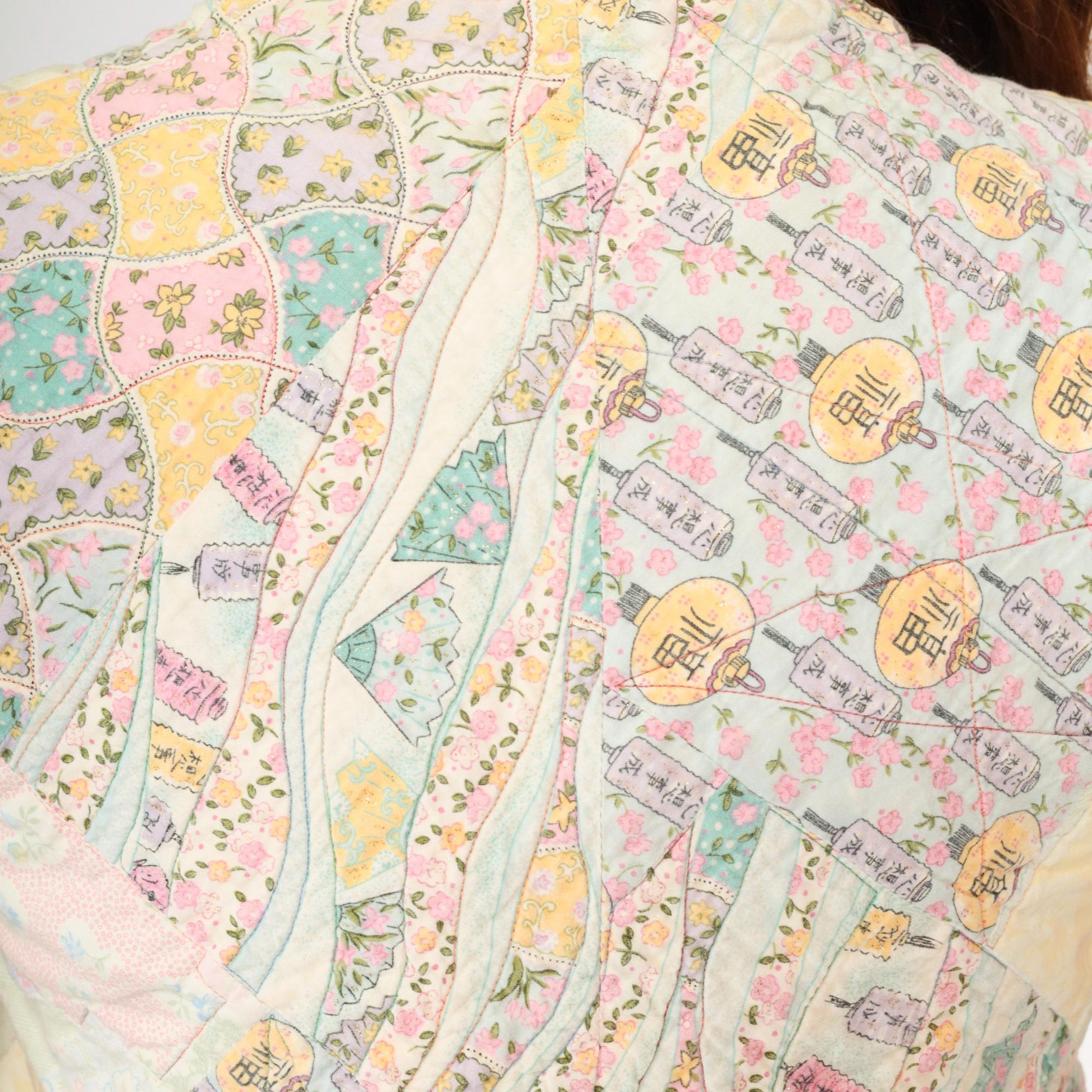 70s Quilted Vest Patchwork Pastel Floral Japanese Lantern Gold Glitter Small