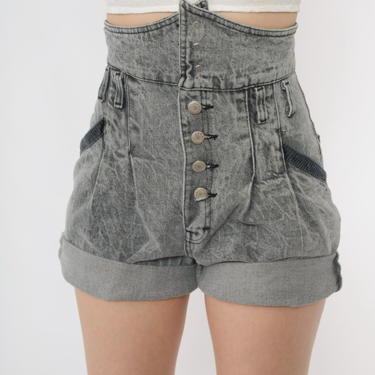 80s Grey Acid Wash Denim Shorts High Rise Pleated Button Fly Extra Small