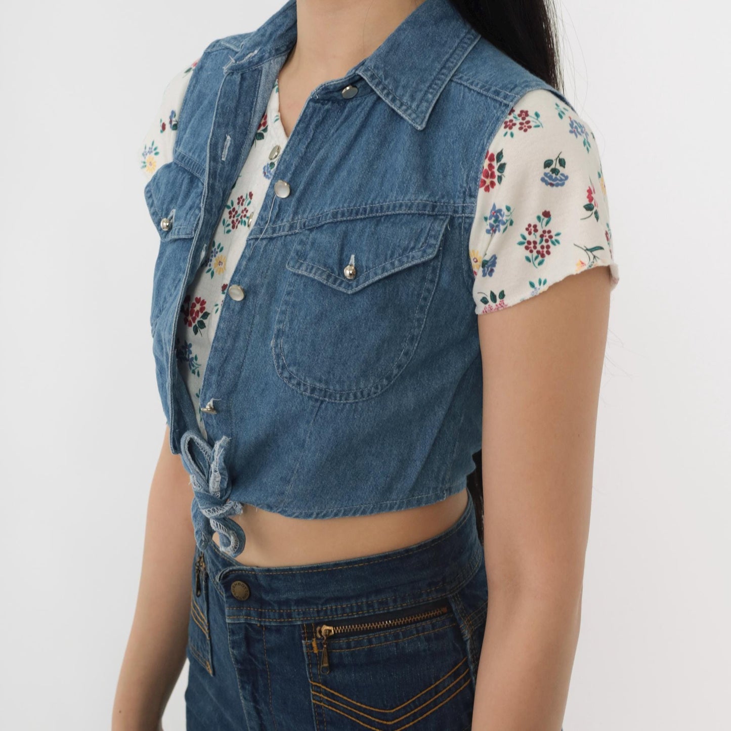 90s Floral Crop Top With Attached Denim Vest Button Up Blouse White XXS