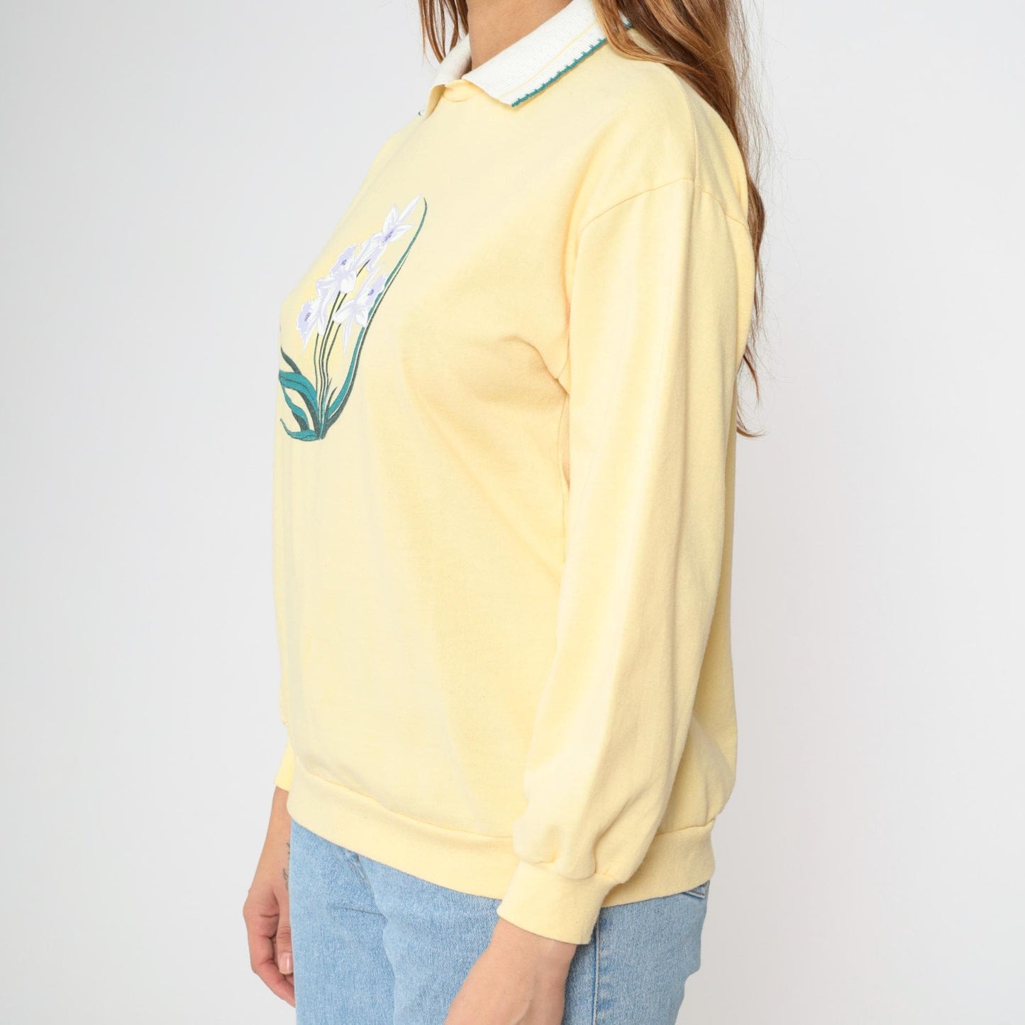 90s Yellow Floral Collared Sweatshirt Graphic Crewneck Medium M
