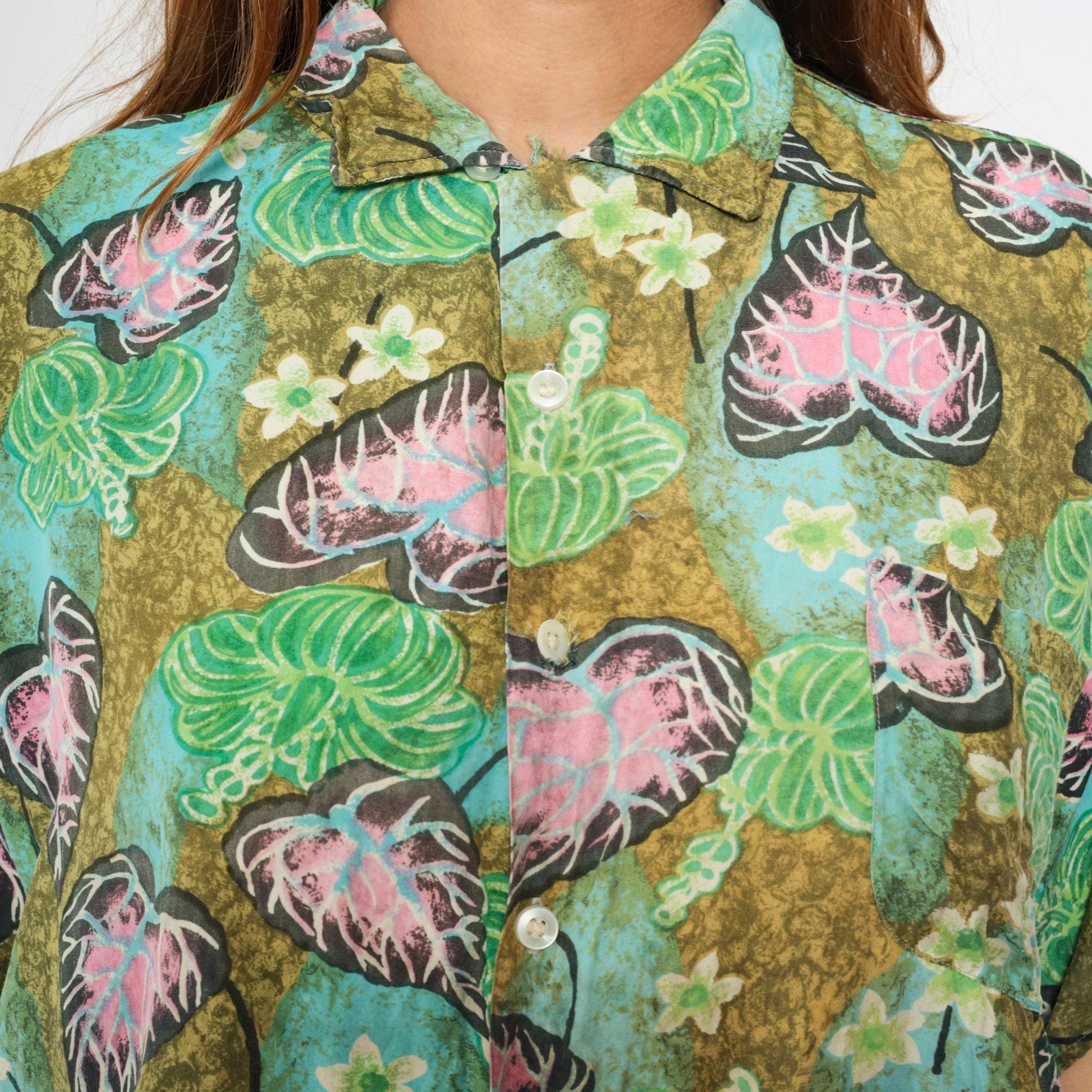 90s Tropical Floral Green Button Up Shirt Men's Medium Short Sleeve