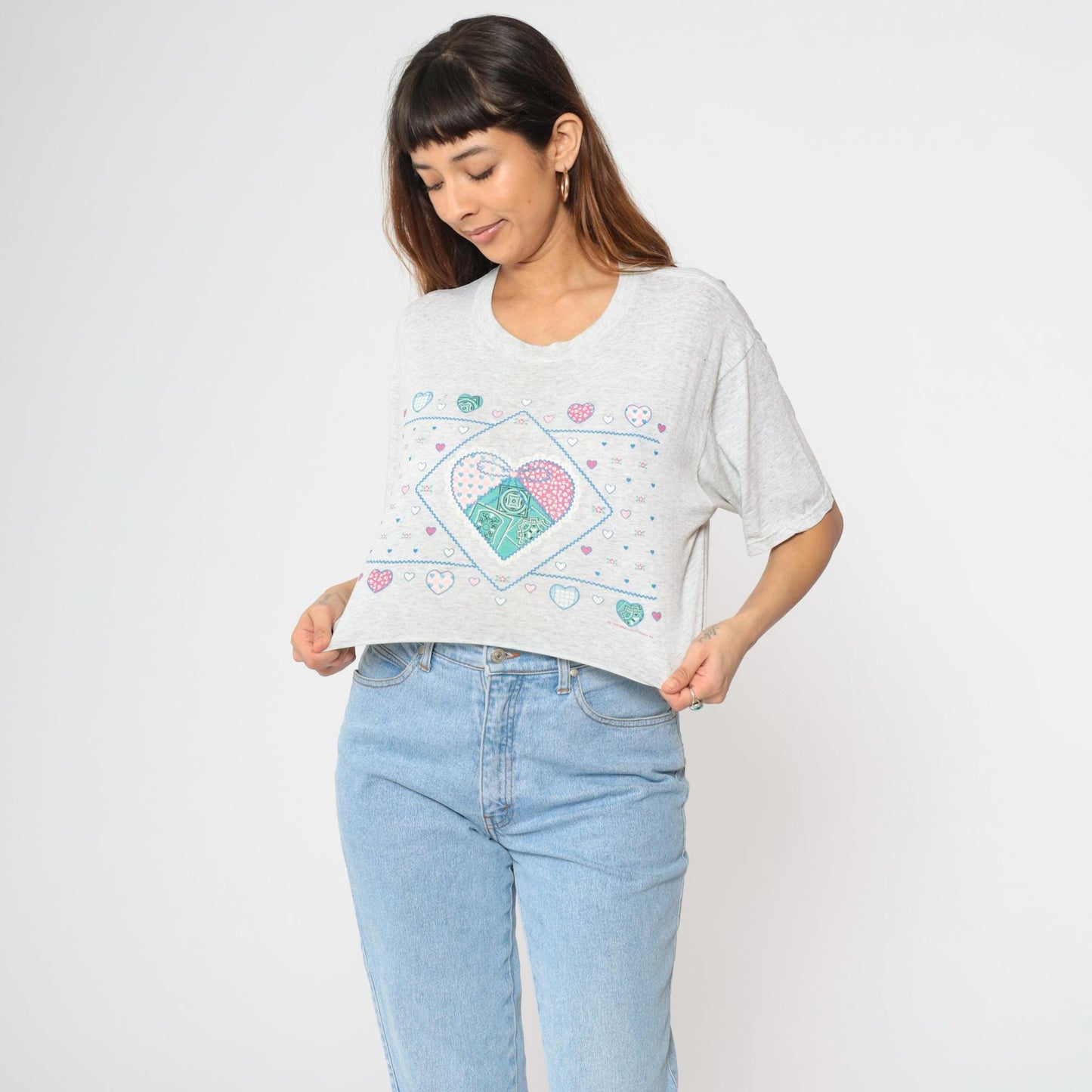90s Jerzees Cropped Heart Patchwork T-Shirt Grey Graphic Tee Large L