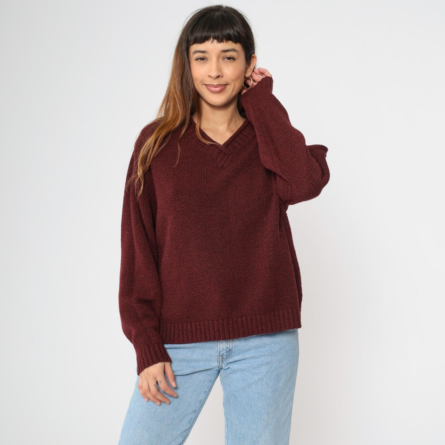 90s Burgundy V-Neck Knit Sweater Pullover Medium M