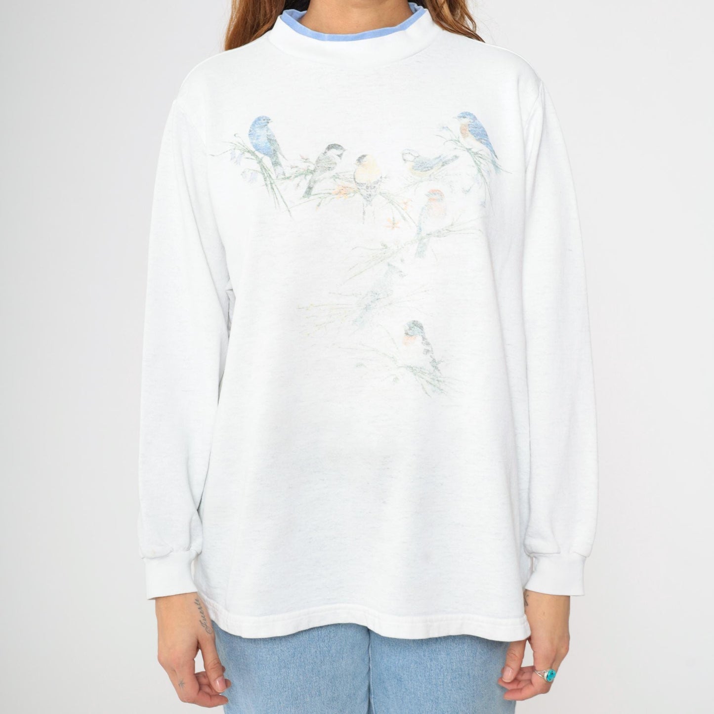 90s Bird Wildlife Sweatshirt White Graphic Double Collar Pullover Large L