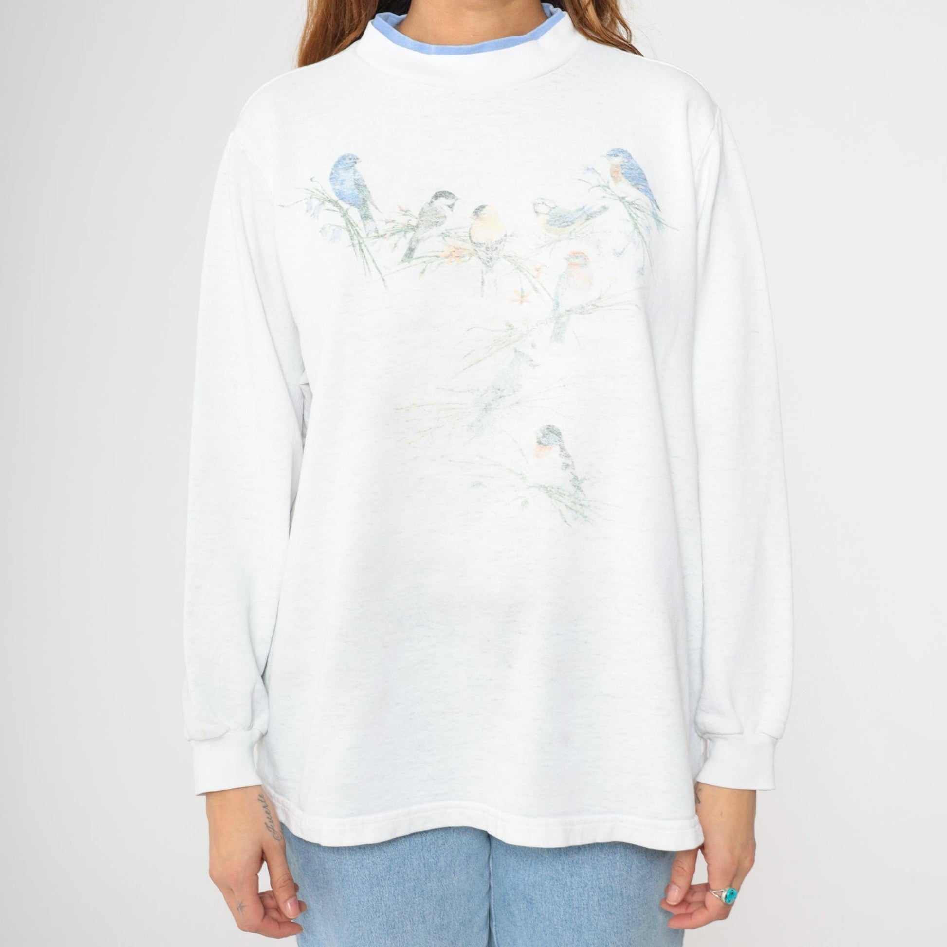 90s Bird Wildlife Sweatshirt White Graphic Double Collar Pullover Large L