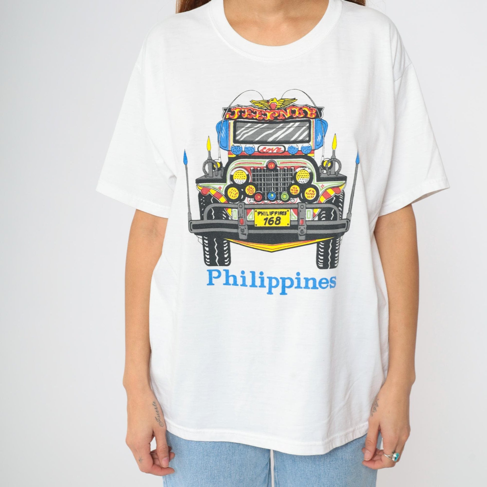 Philippines Jeepney Graphic T-Shirt White Crew Neck Travel Souvenir Large L