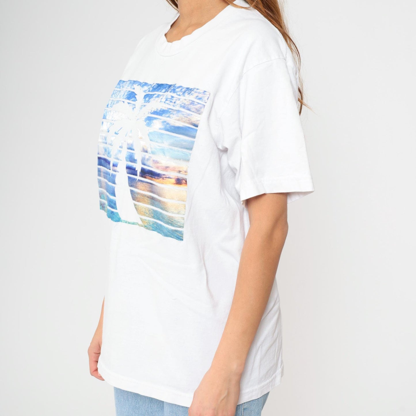 90s Palm Tree Sunset Graphic T-Shirt White Cotton Crew Neck Large L