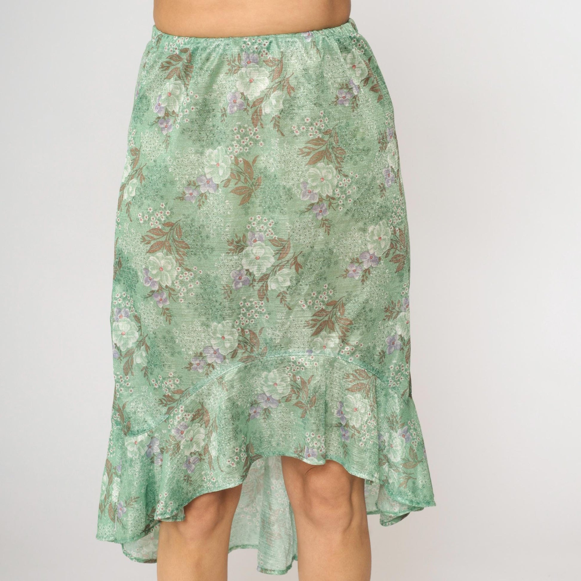 70s Green Floral High-Low Skirt Ruffled Hem Elastic Waist Small