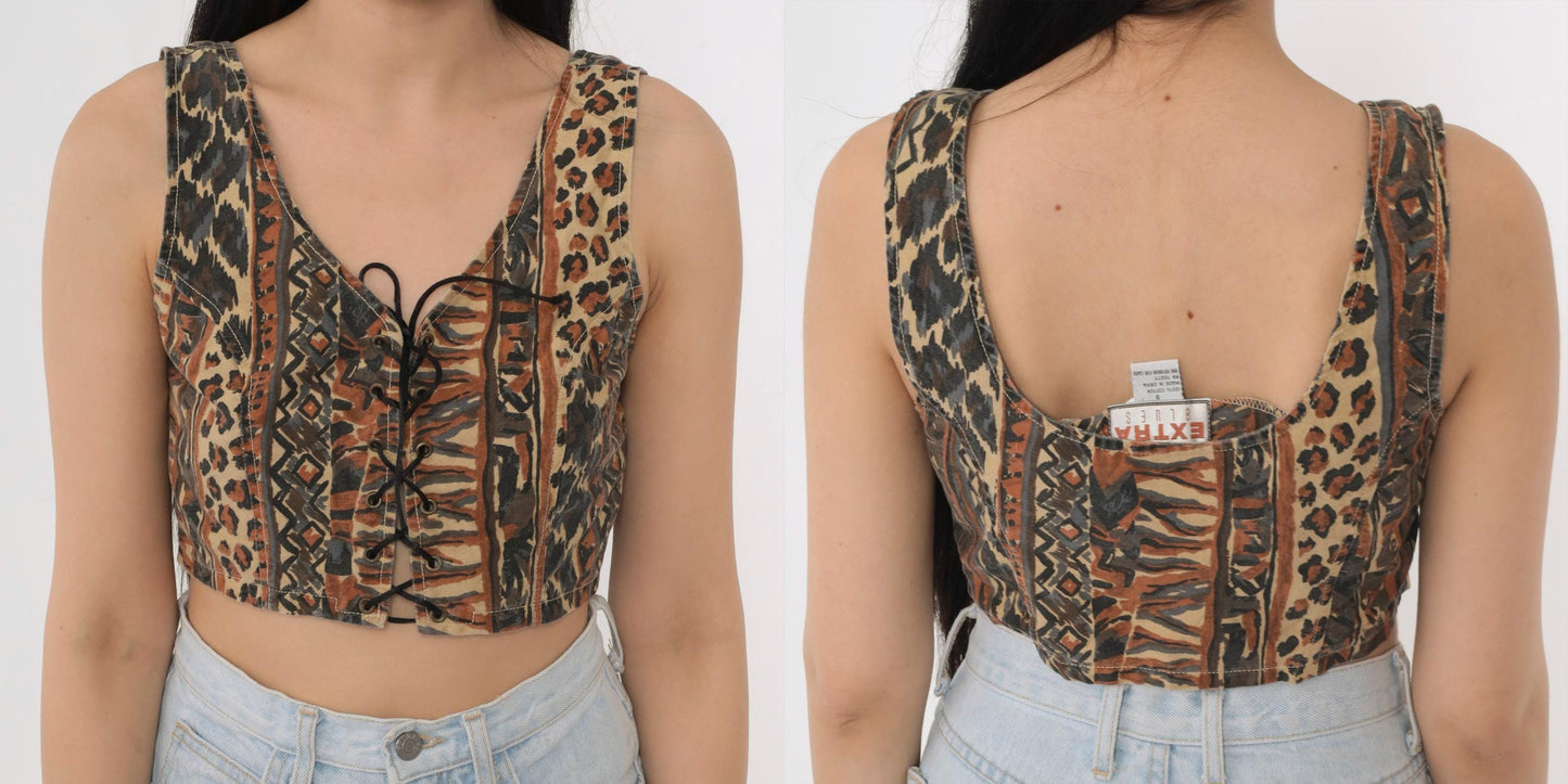 90s Leopard Geometric Print Crop Tank Lace-Up Front Small S