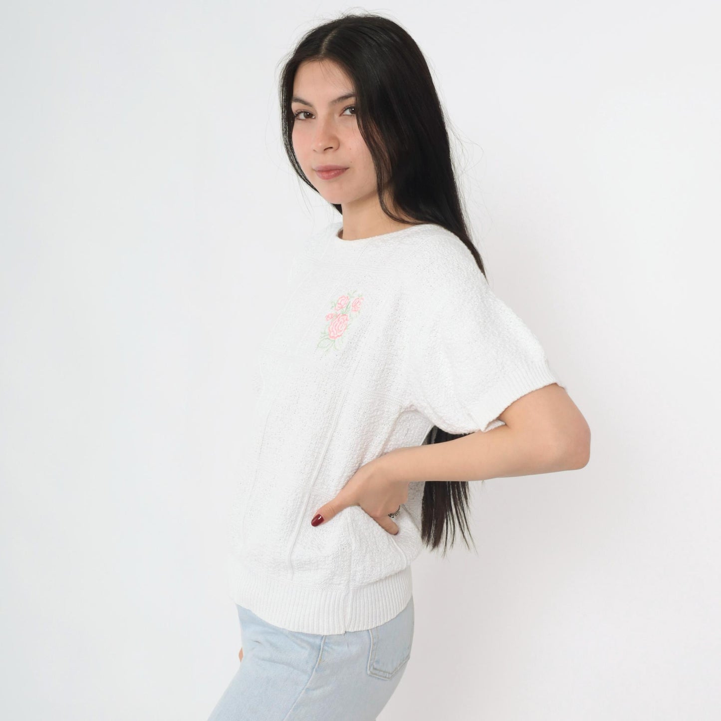 80s Lauren Knitwear Floral Embroidered Cotton Knit Top White Short Sleeve Small