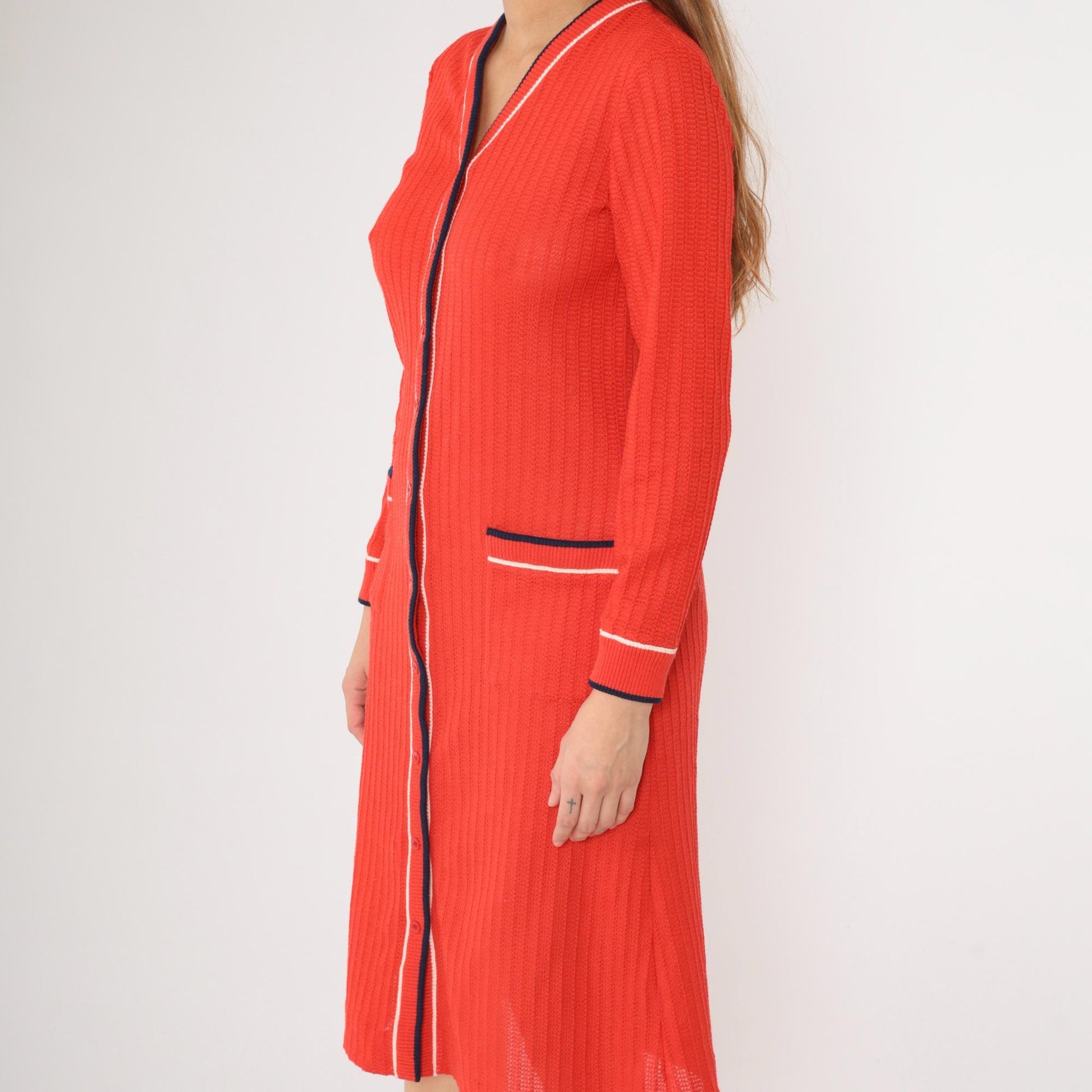 70s Red Knit Sweater Dress Striped Trim Button Front Midi Medium