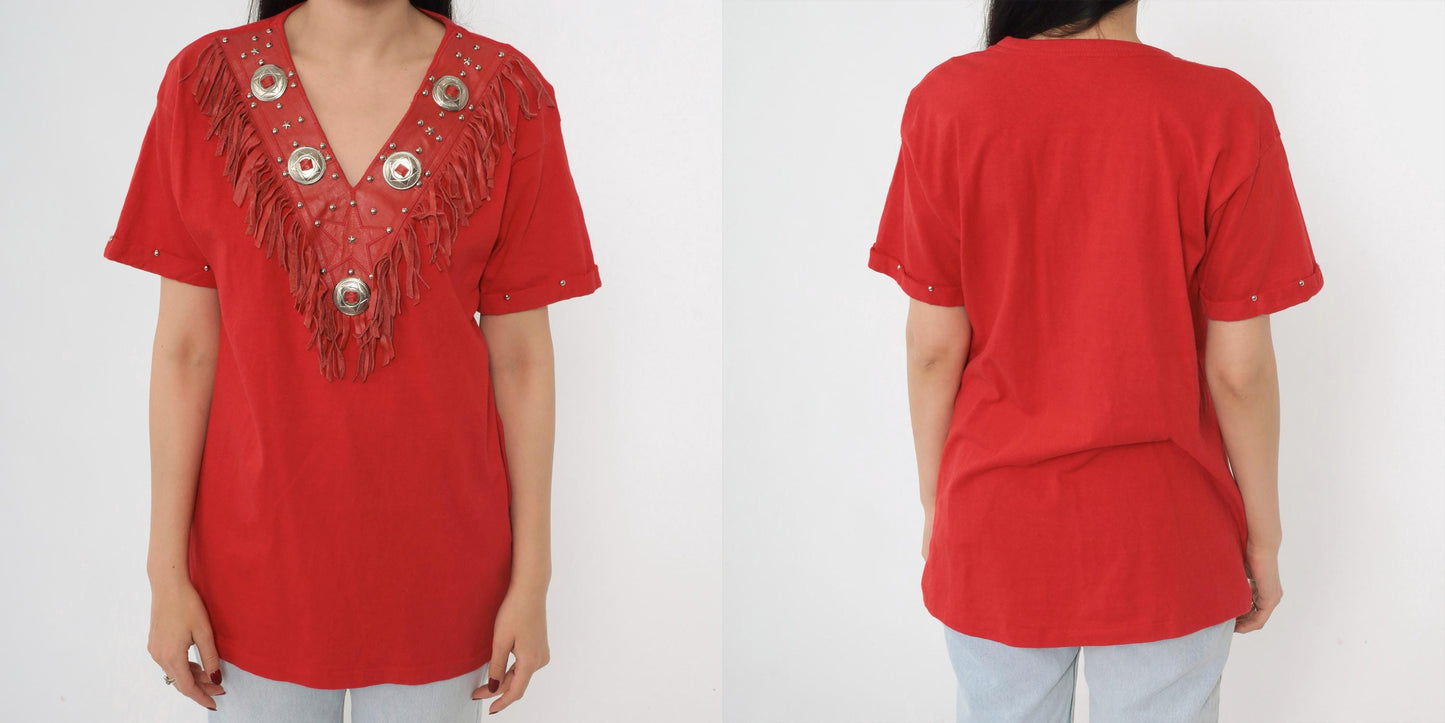 90s Pierre Pascal Red Leather Fringe Western T-Shirt Concho Stud V-Neck Medium