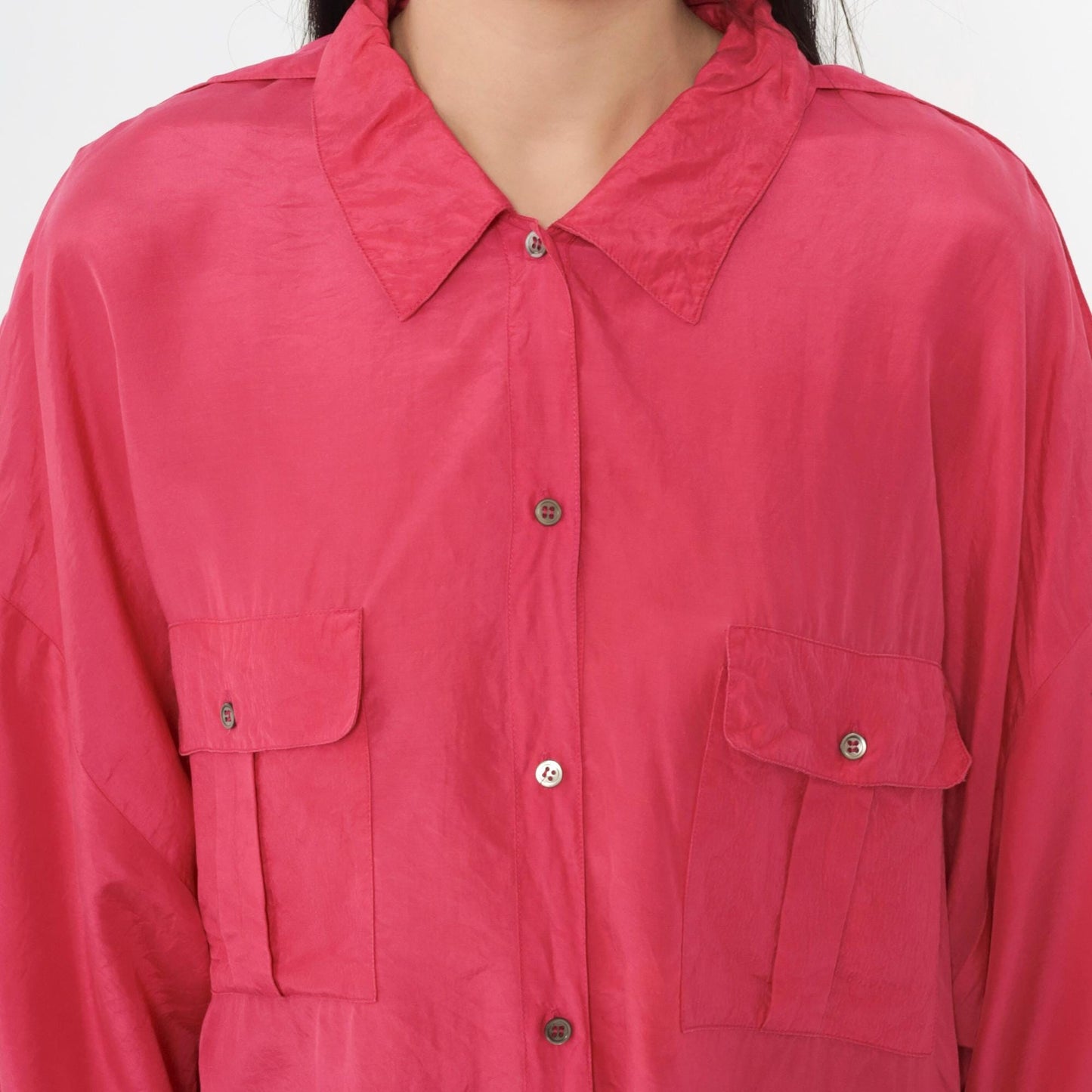 90s Pink Silk Button-Up Blouse Epaulet Chest Pockets Long Sleeve Large 14