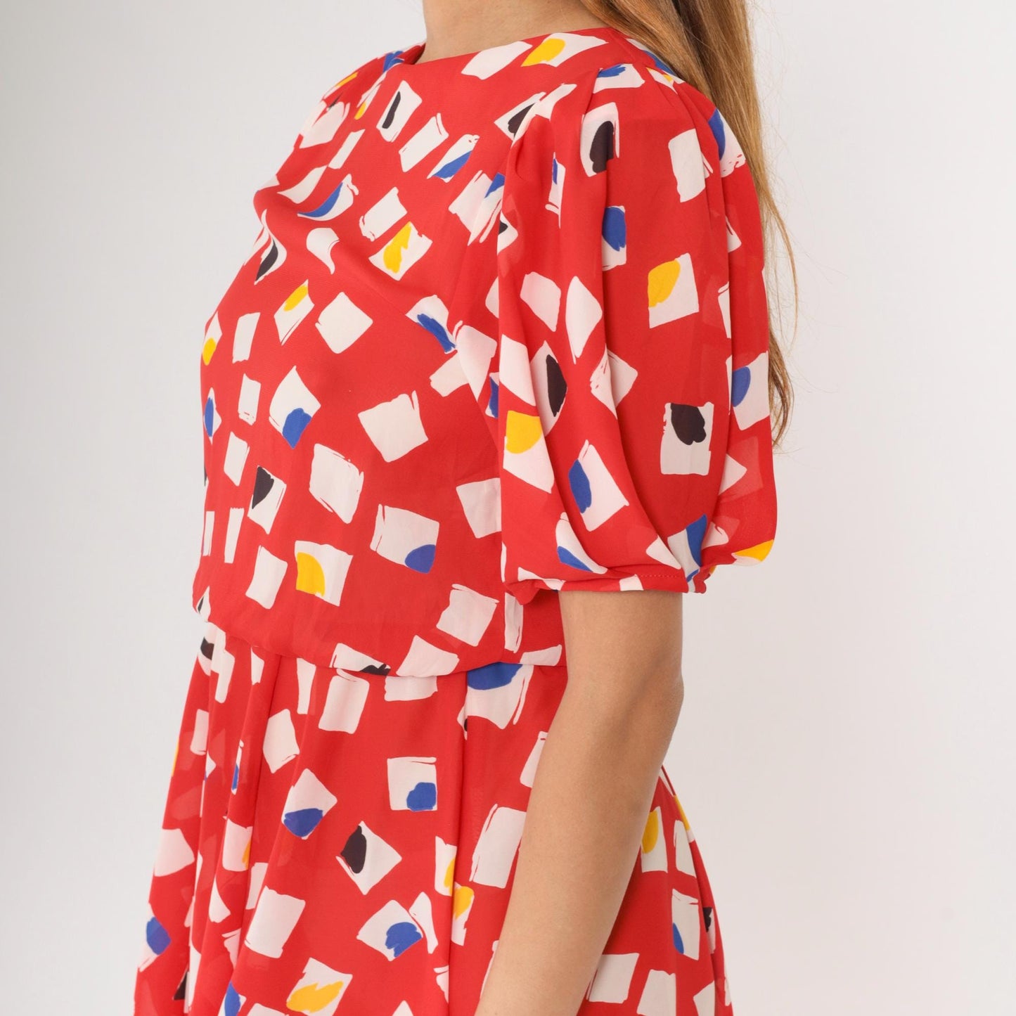 80s L Rothschild Red Abstract Geometric Midi Dress Puff Sleeve Medium