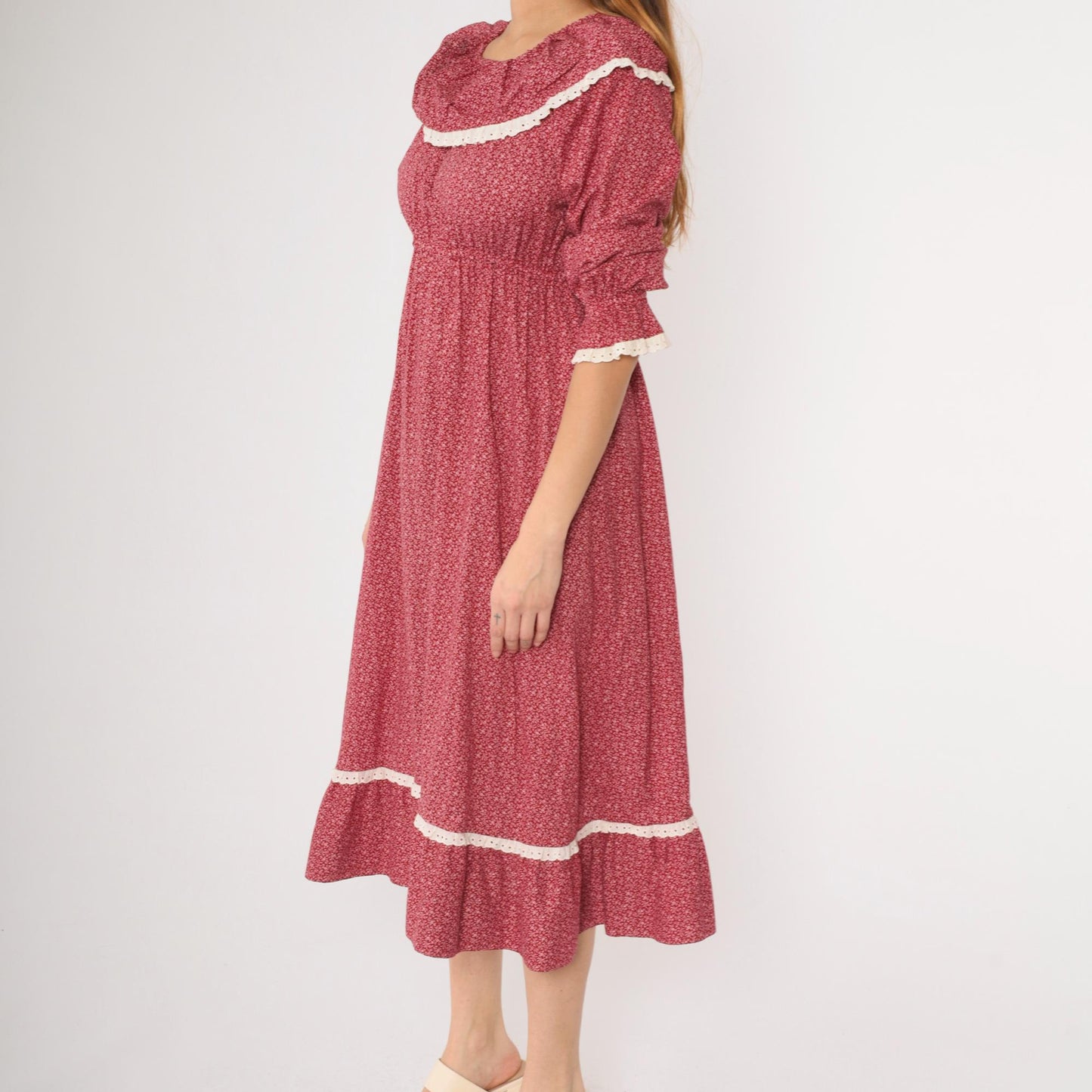 70s Burgundy Calico Floral Peasant Dress Empire Waist Midi Lace Small