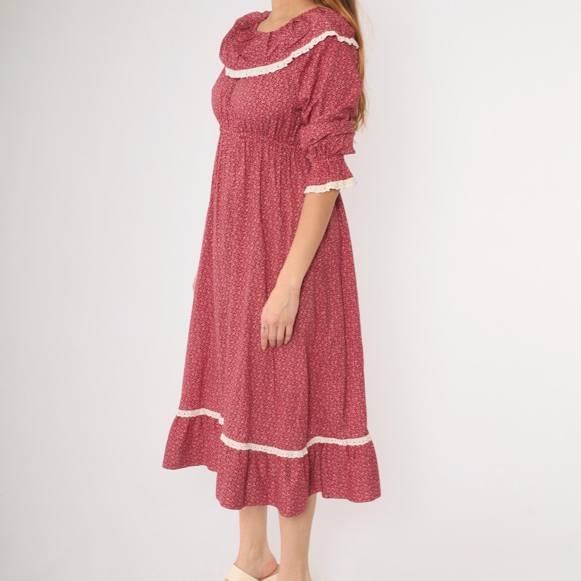 70s Burgundy Calico Floral Peasant Dress Empire Waist Midi Lace Small