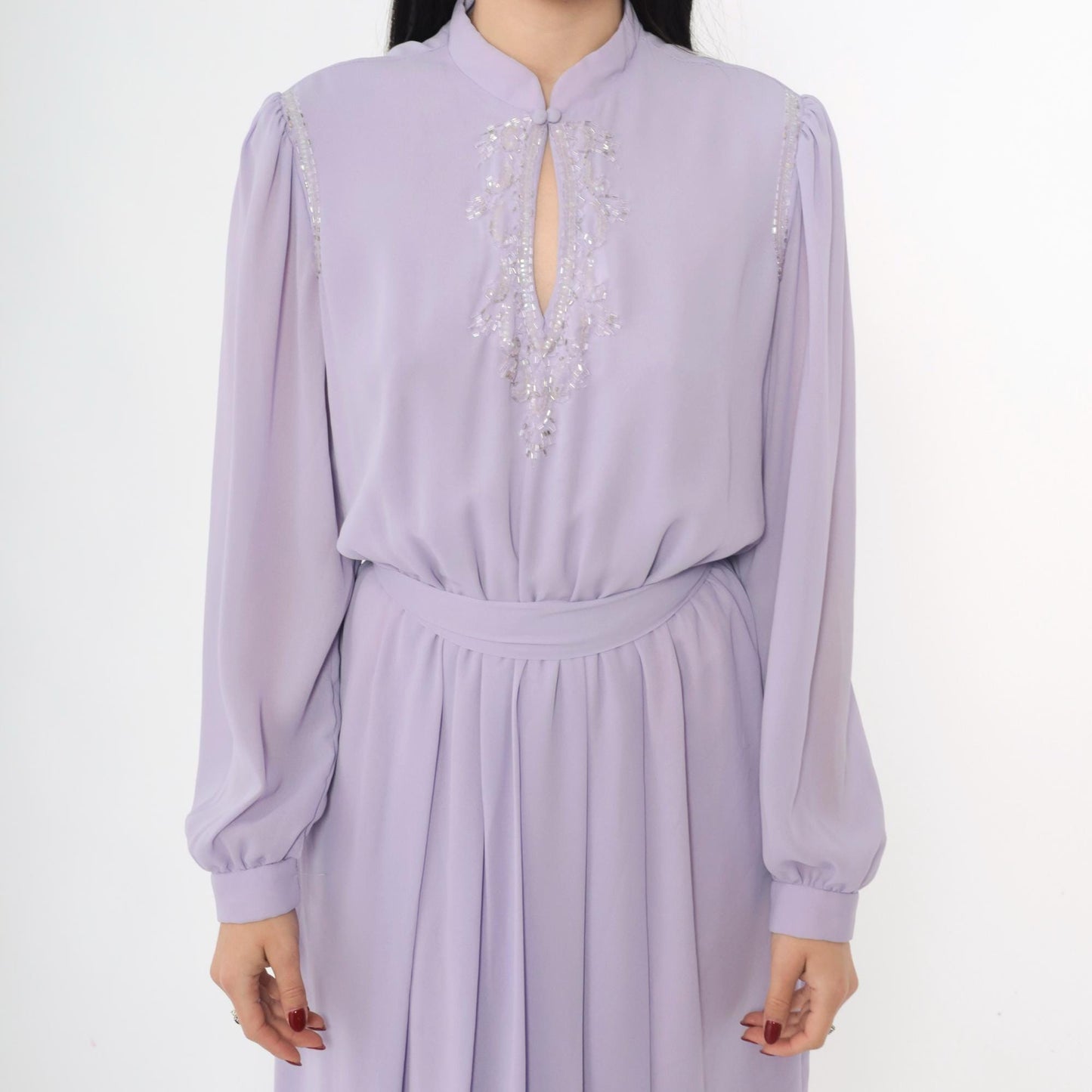 80s Lavender Chiffon Maxi Dress Beaded Sequin Puff Sleeve Mandarin Collar Medium M