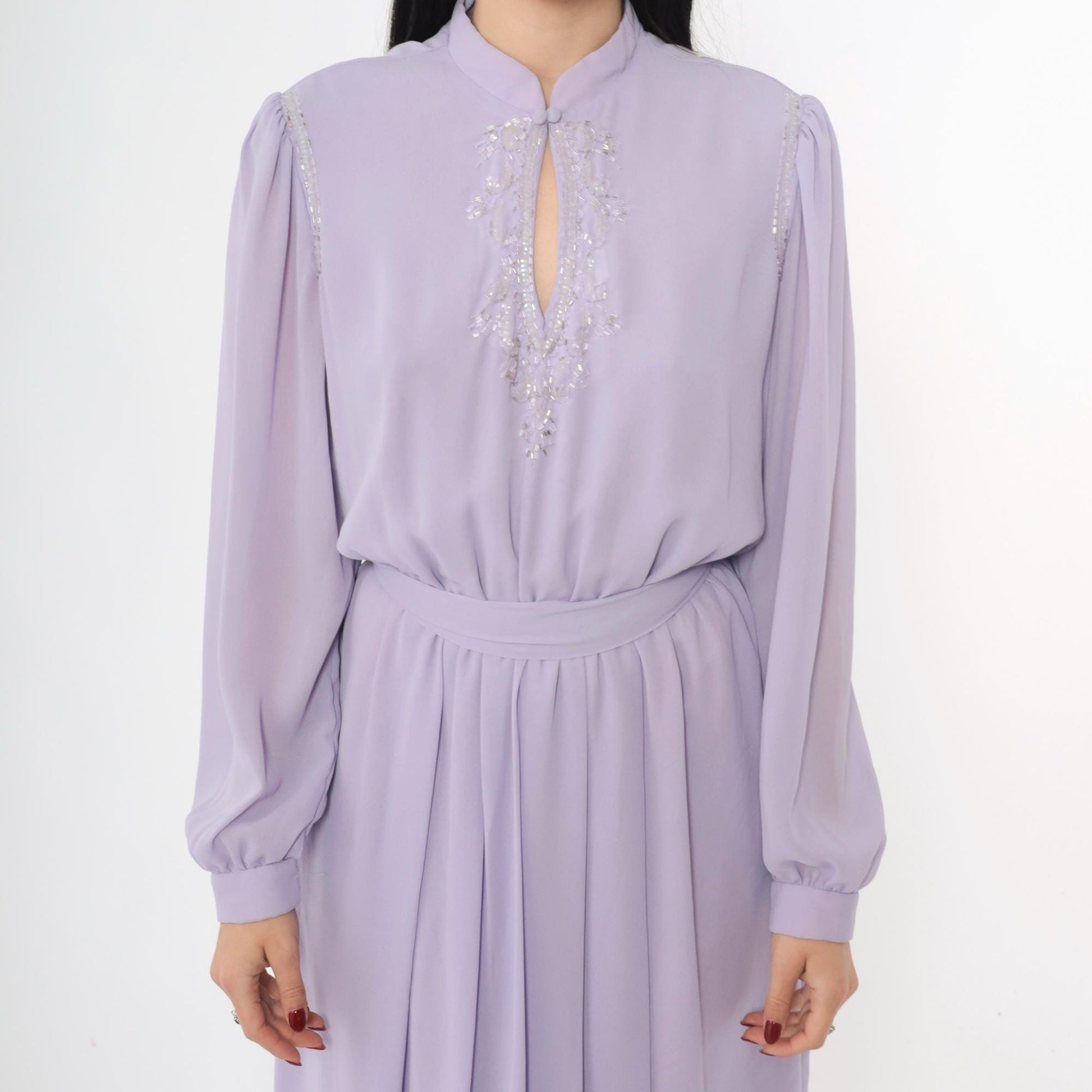 80s Lavender Chiffon Maxi Dress Beaded Sequin Puff Sleeve Mandarin Collar Medium M