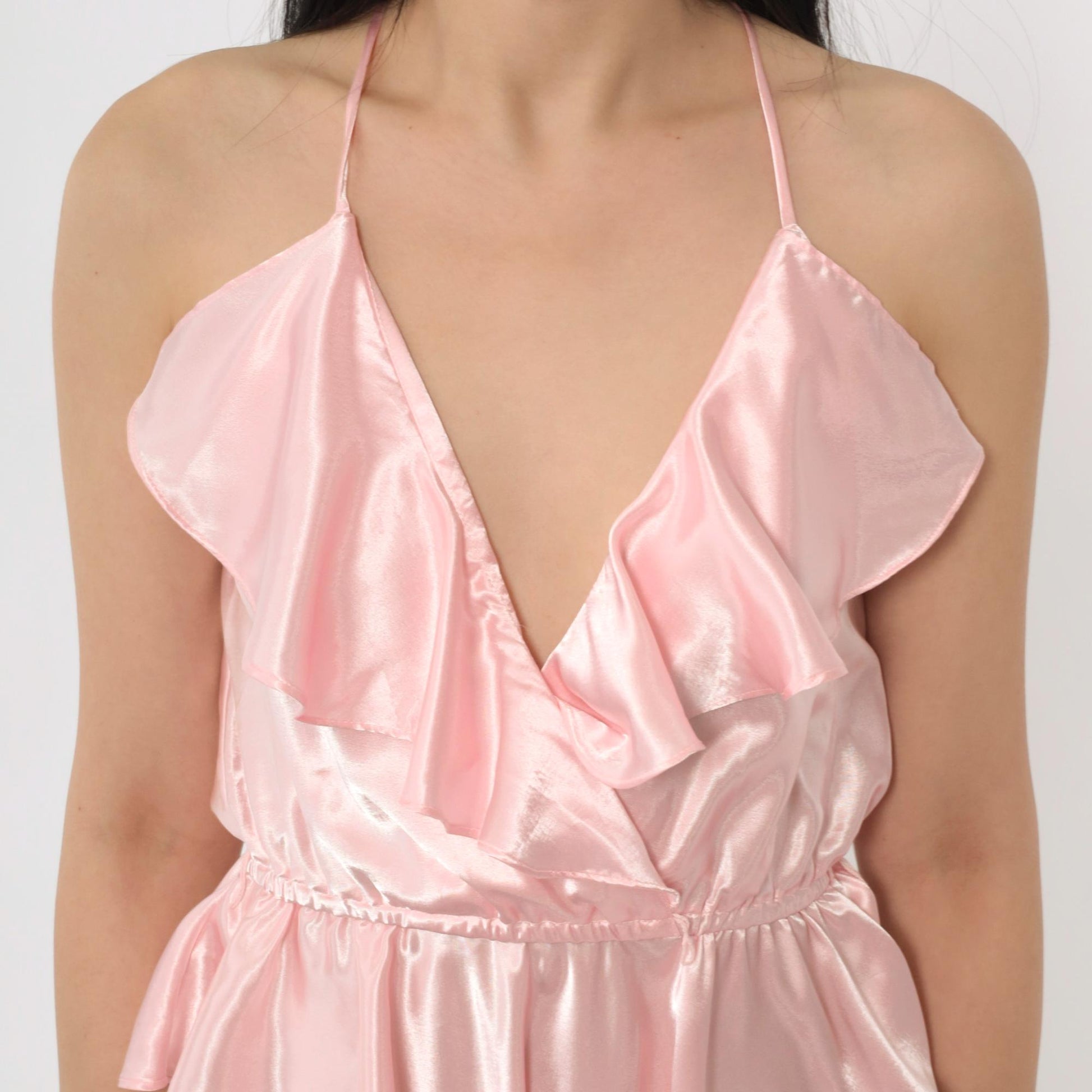 90s Victoria's Secret Pink Satin Teddy Bodysuit Ruffled V-Neck Medium M