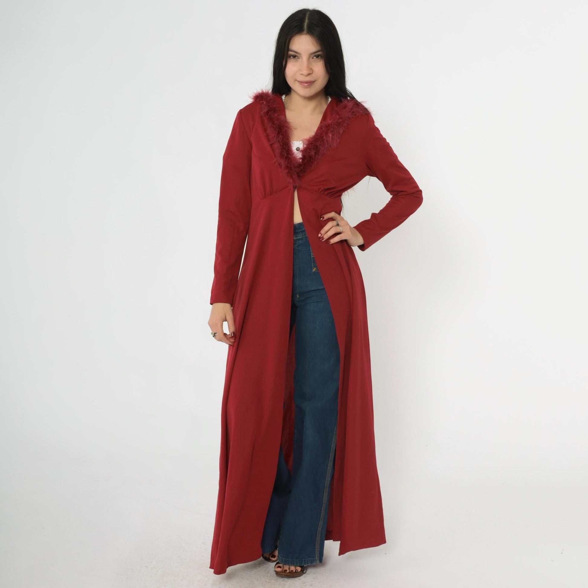 70s Burgundy Maxi Jacket Feather Trim Hood Deep V Neck Small Medium