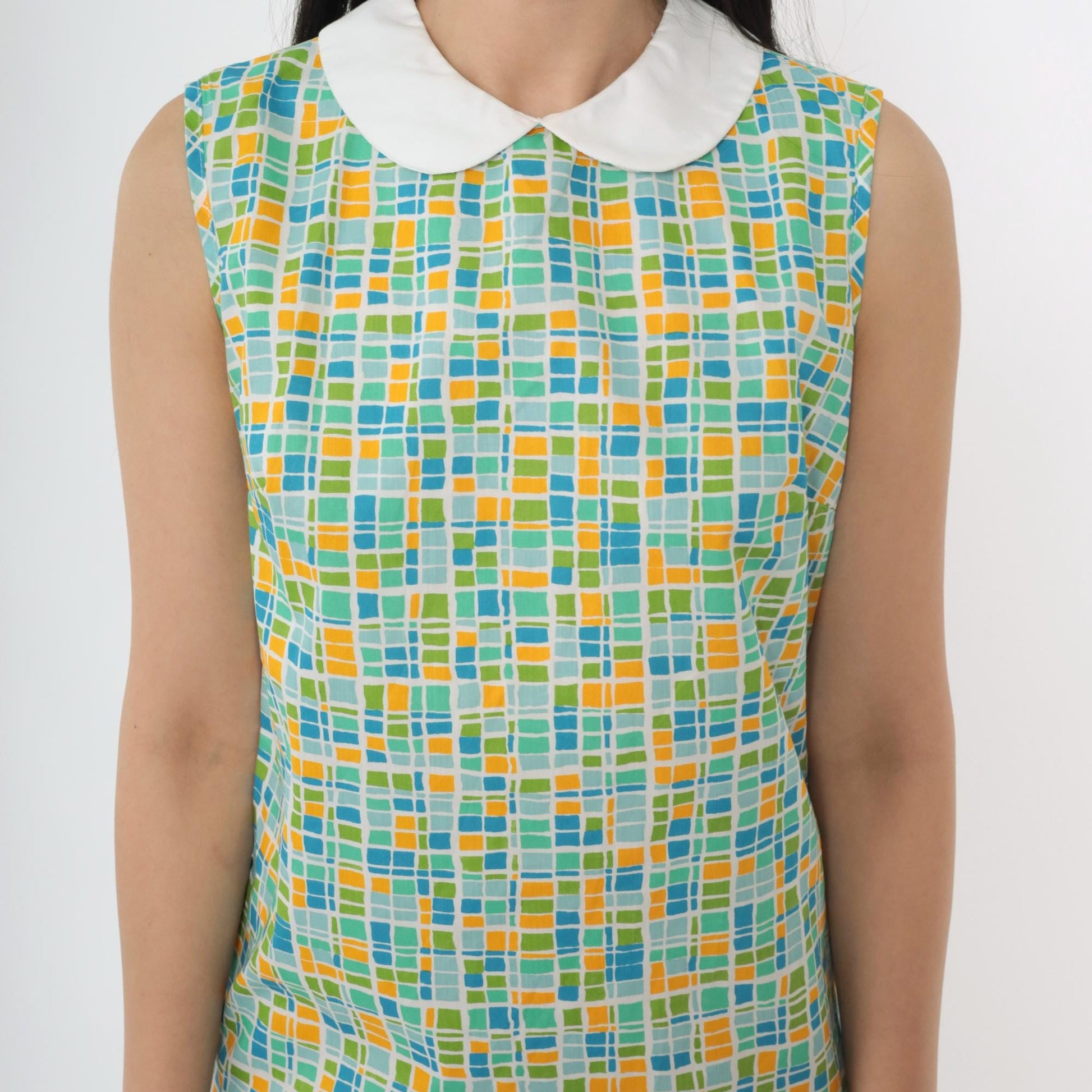 60s Mod Geometric Mini Dress Peter Pan Collar Sleeveless Green Blue Small