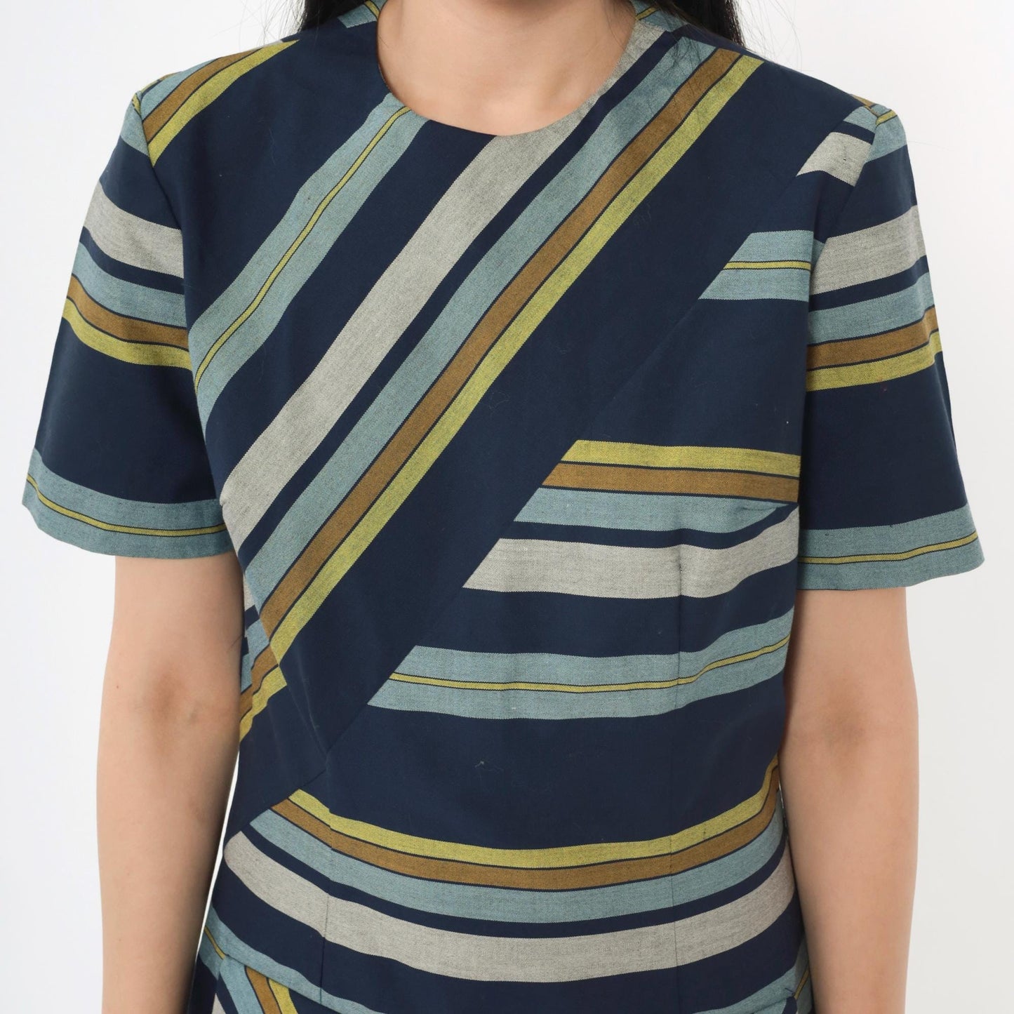 60s Striped Shift Dress Navy Blue Green Grey Mod Crew Neck Small S