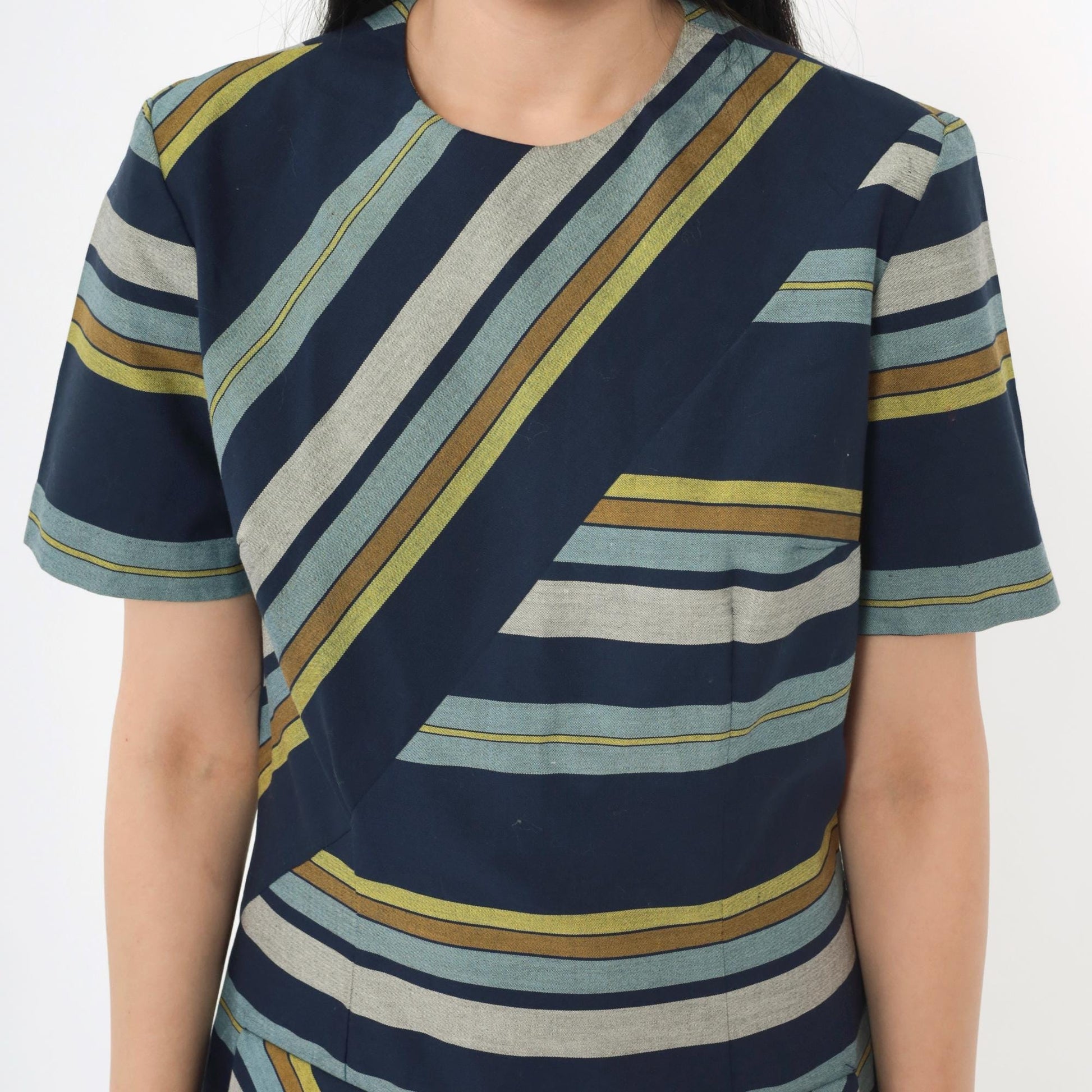 60s Striped Shift Dress Navy Blue Green Grey Mod Crew Neck Small S