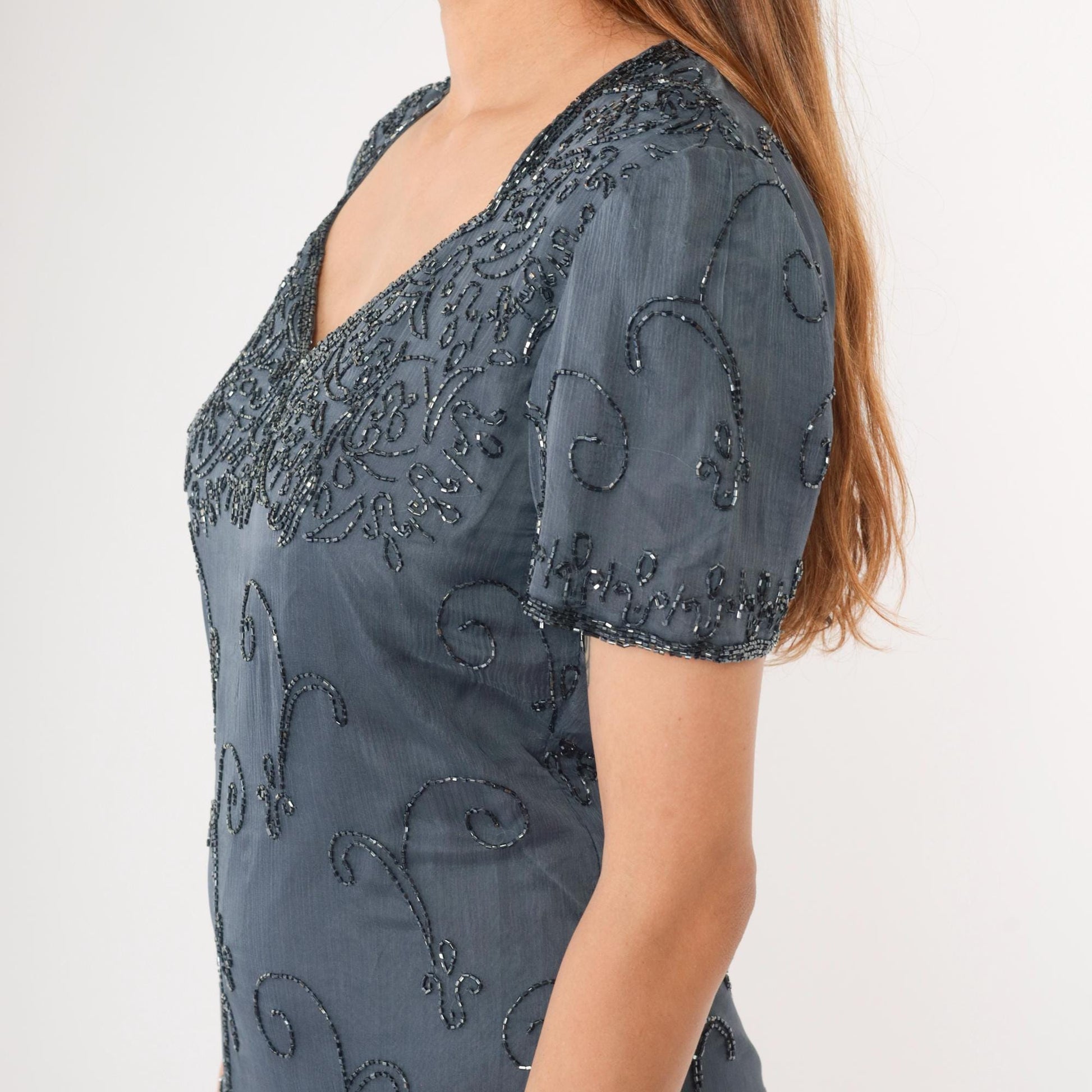 90s JMD New York Grey Silk Beaded Sheath Dress Sweetheart Neckline Small S
