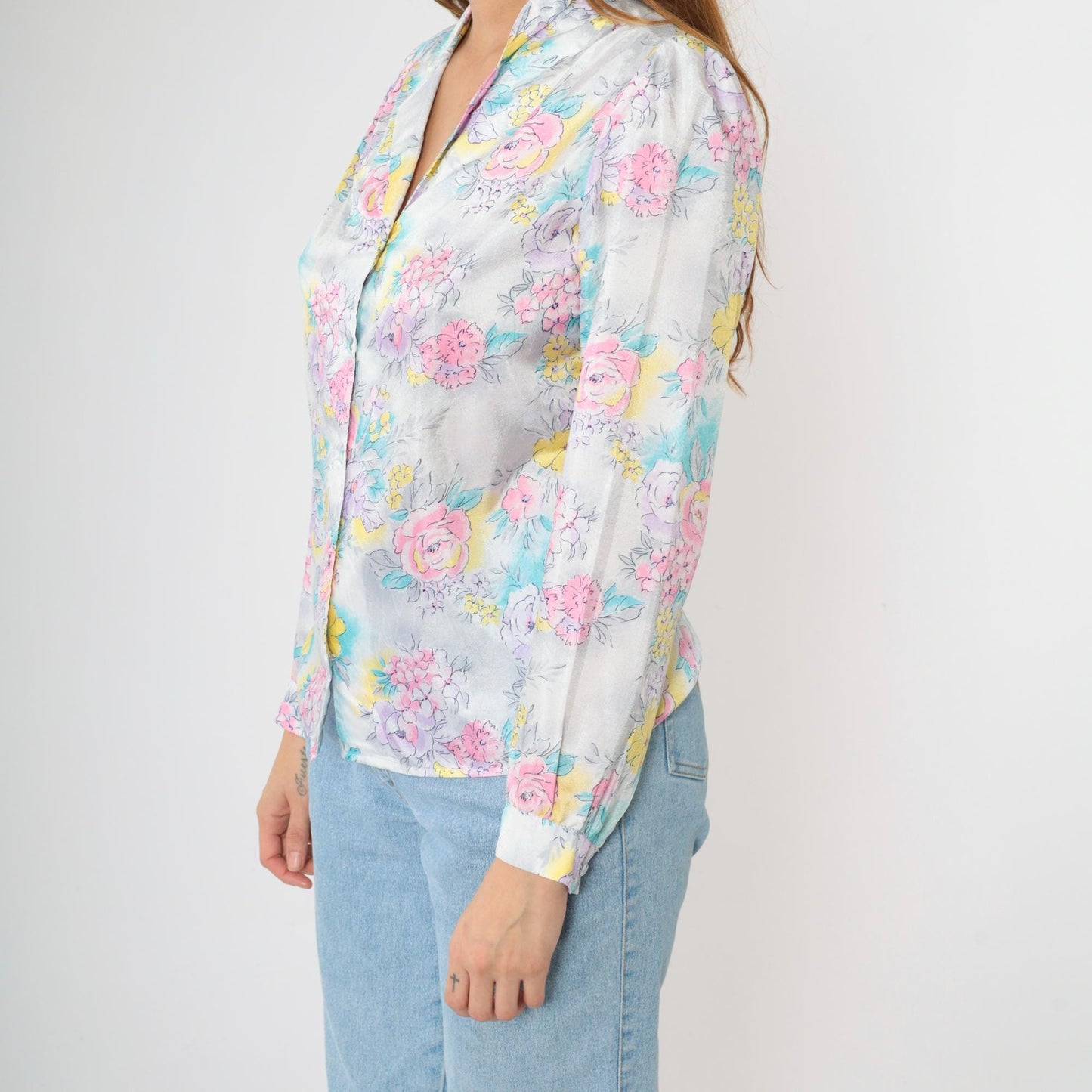 80s Pastel Floral Puff Sleeve Button Up Blouse Pink Lavender Blue Medium