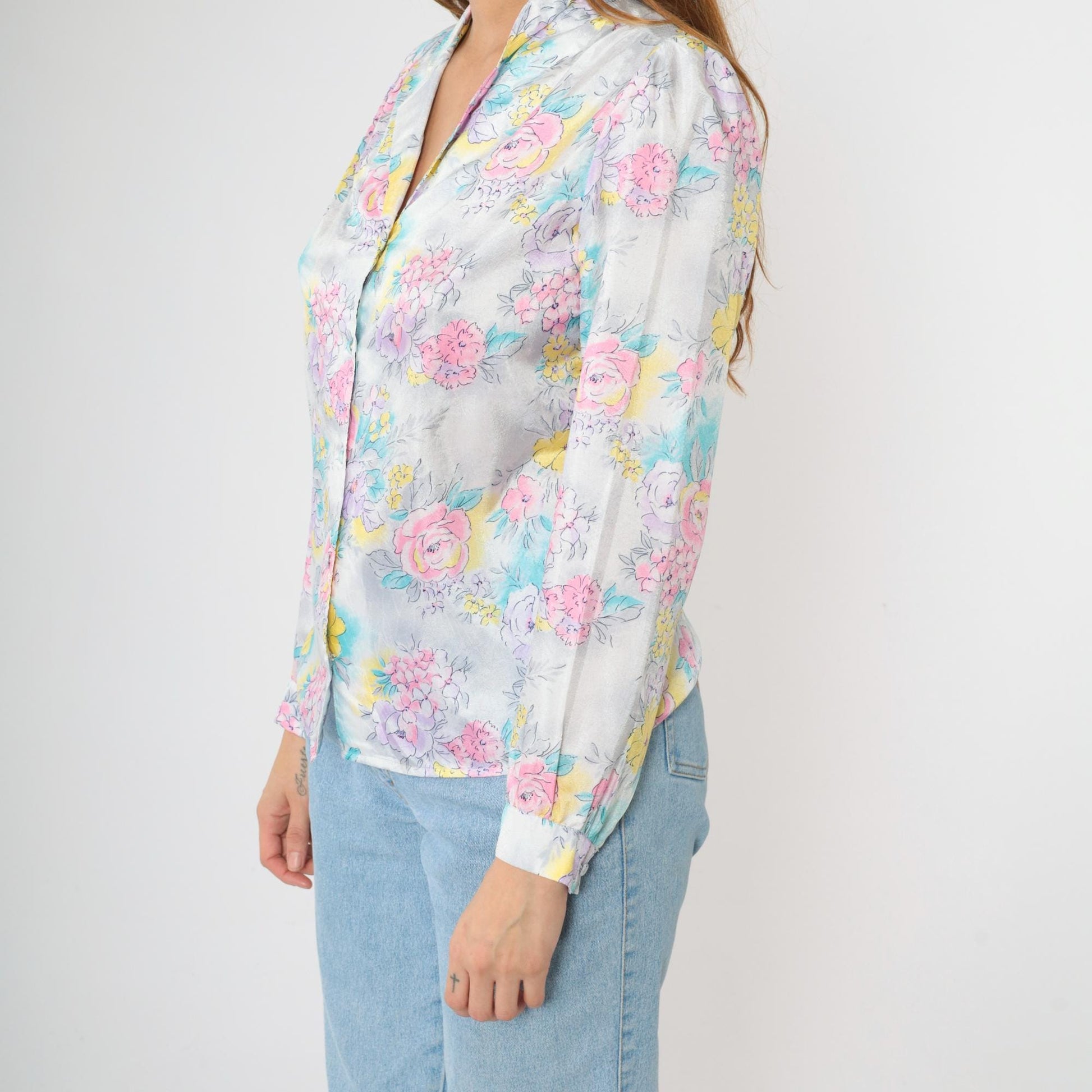 80s Pastel Floral Puff Sleeve Button Up Blouse Pink Lavender Blue Medium