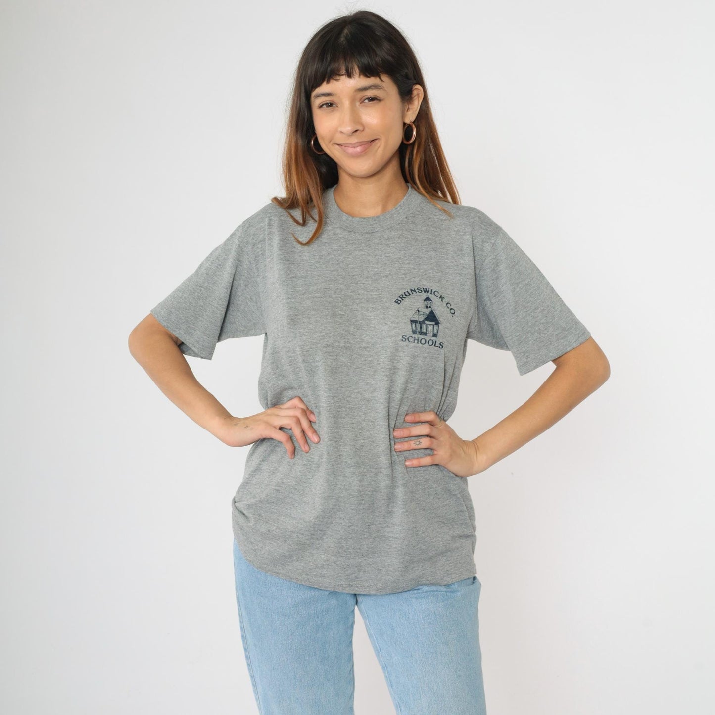 90s Brunswick County Schools Graphic T-Shirt Grey Jerzees USA Made Large