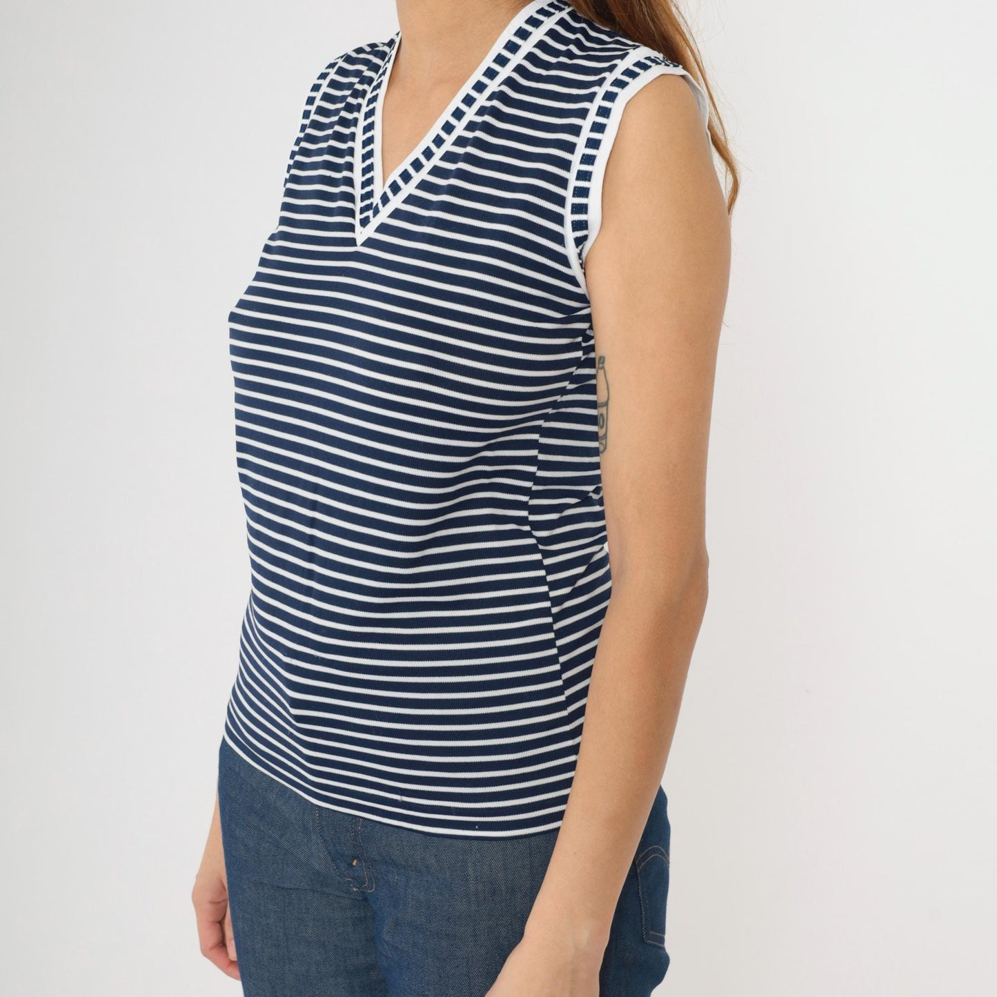 80s Kmart Navy Striped Tank Top V-Neck Ringer Tee White Small