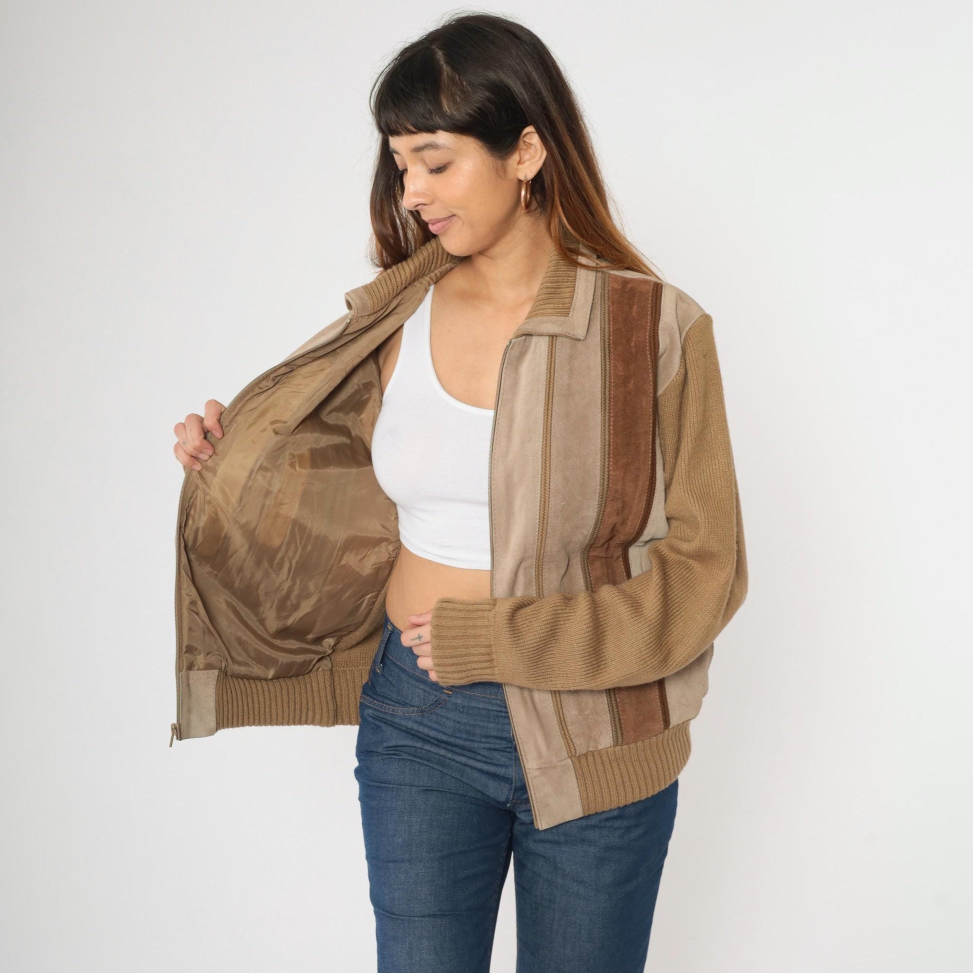 80s Tan Suede Striped Bomber Jacket Brown Leather Zip Knit Large L