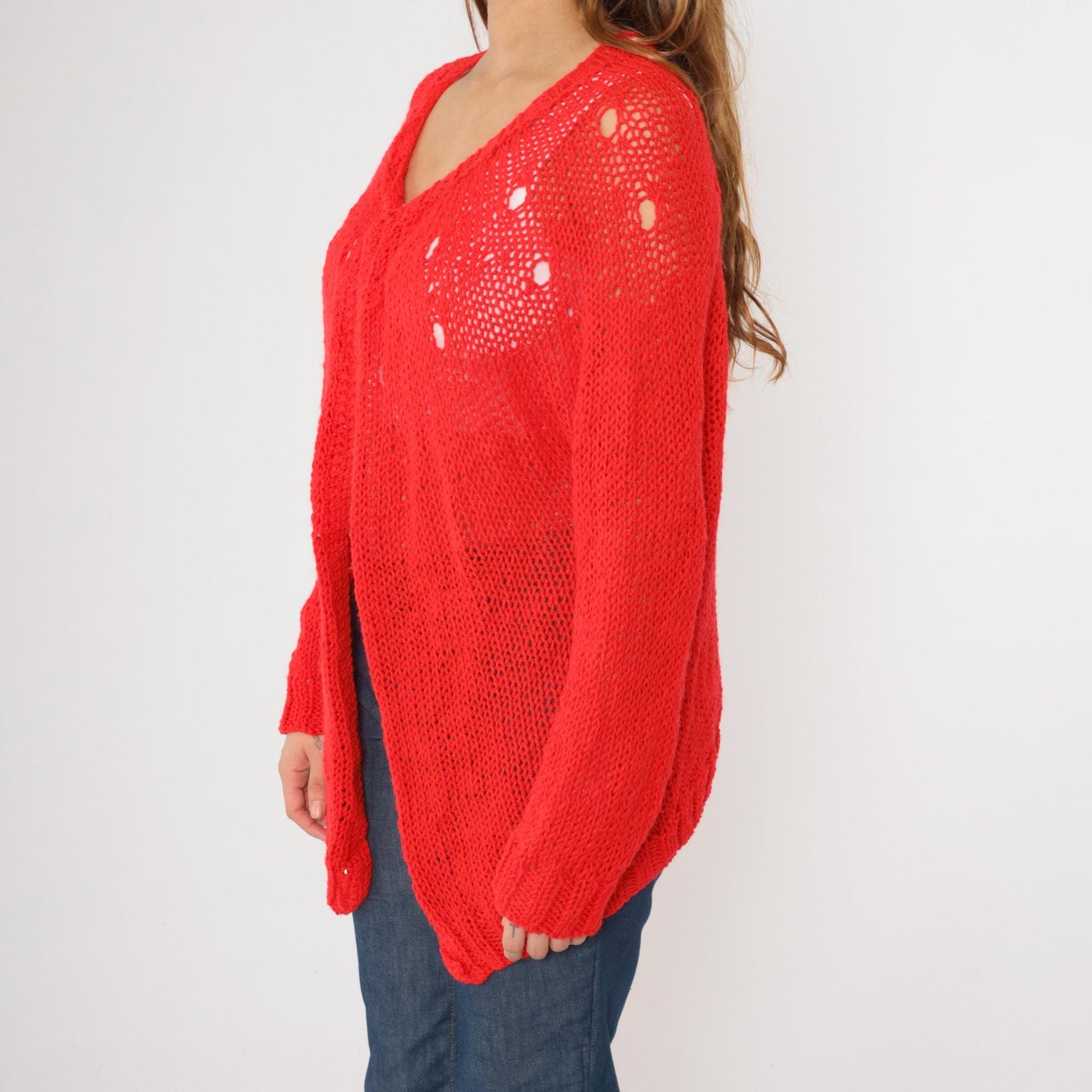 70s Red Cardigan Sweater Open Weave Sheer Knit Long Sleeve Large