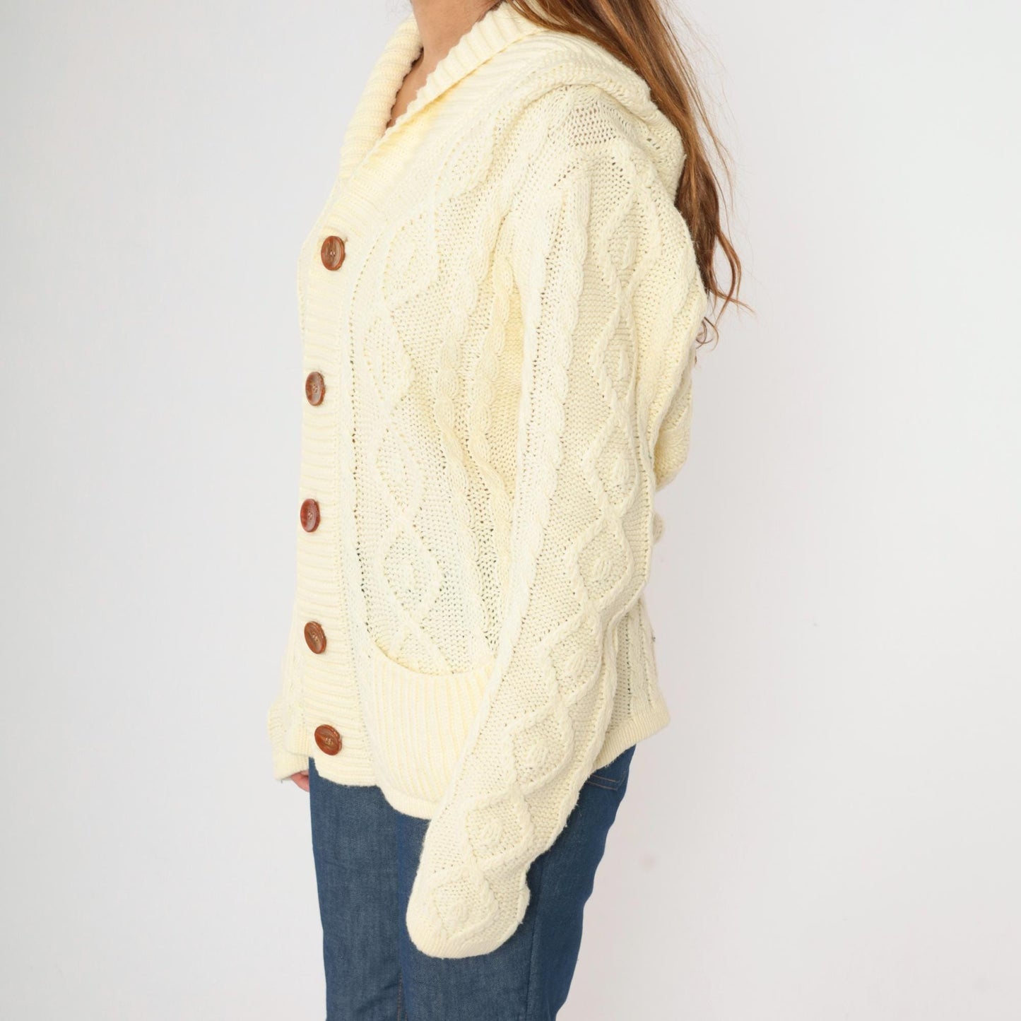 70s Richman Brothers Cable Knit Cardigan Cream Shawl Collar Medium