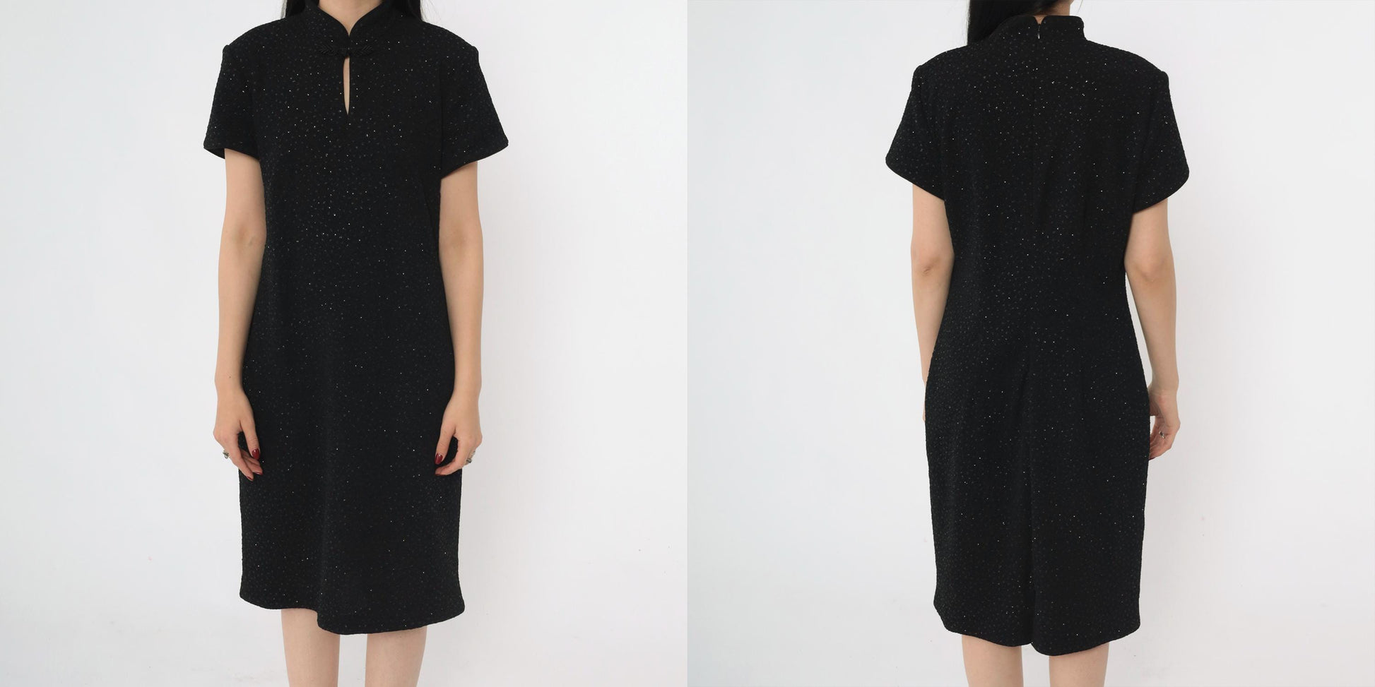 90s Black Glitter Cheongsam Midi Dress Keyhole Neck Short Sleeve Large