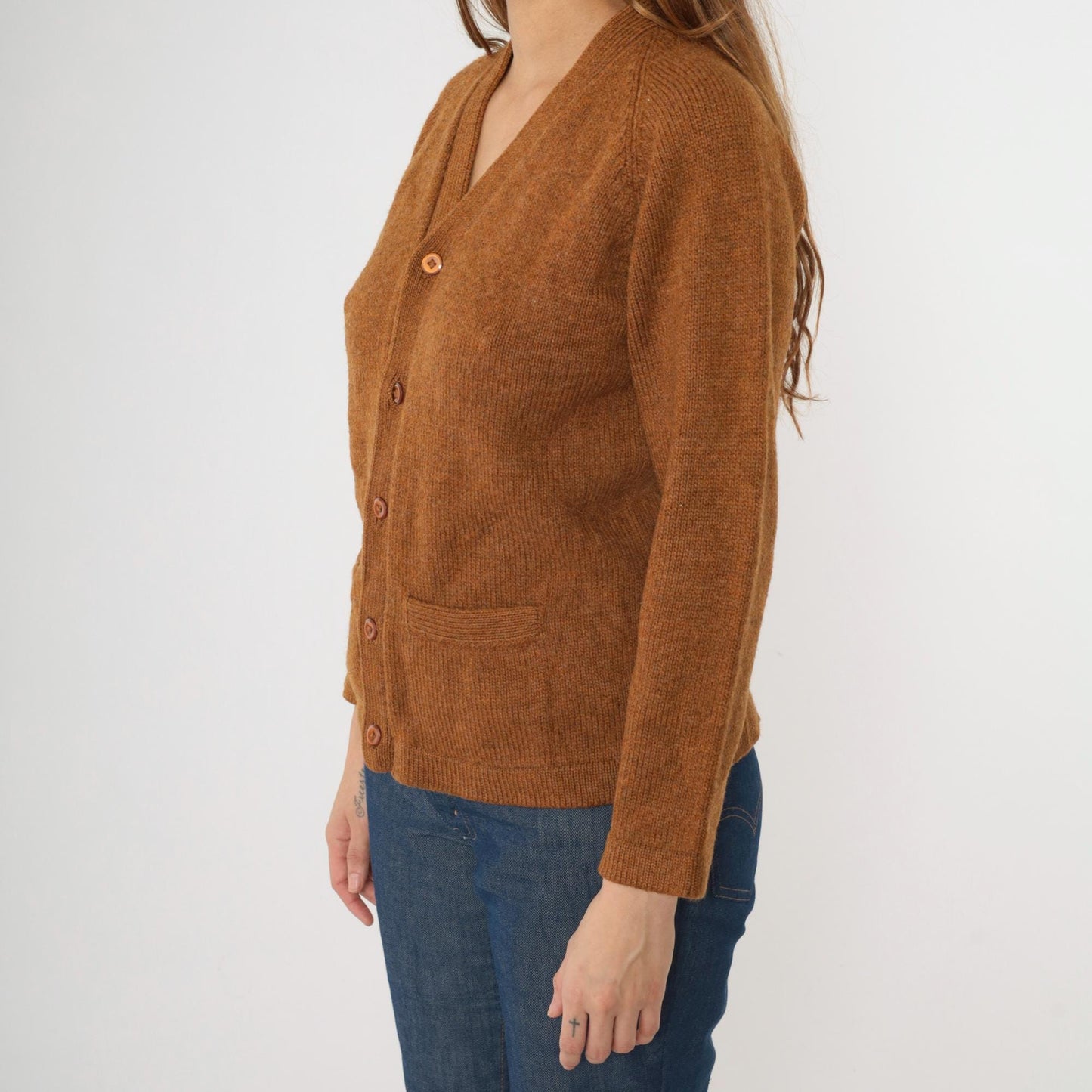 70s Flecked Brown Wool Cardigan V Neck Button Up Knit Sweater Small Medium