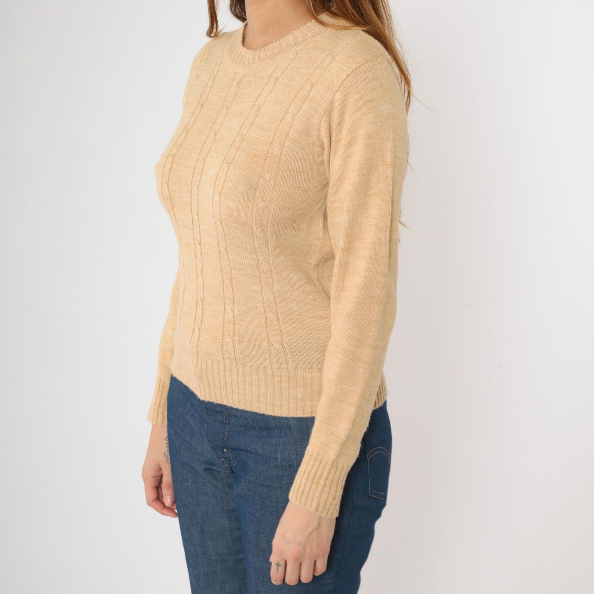 70s Tan Cable Knit Crewneck Pullover Sweater Small S