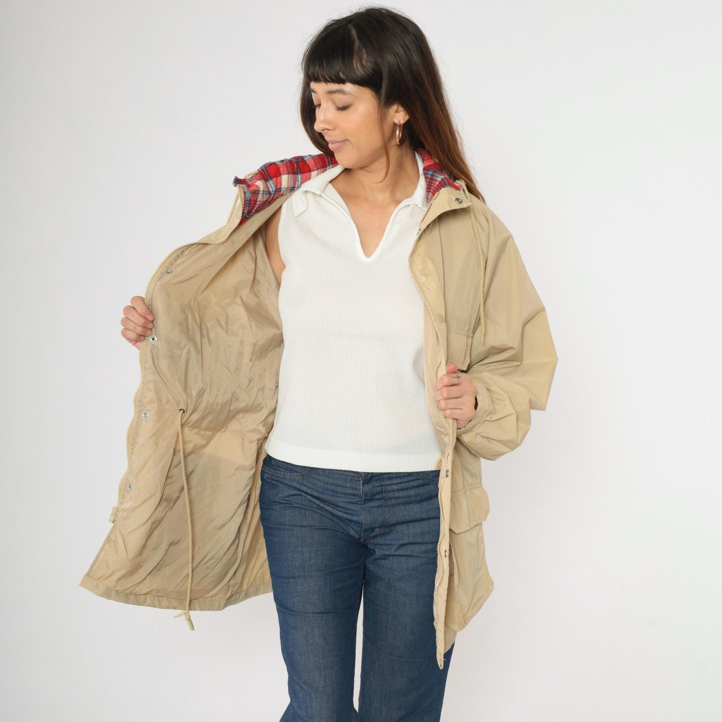 80s Open Trails Beige Nylon Anorak Jacket Plaid Lined Hooded Windbreaker Large L