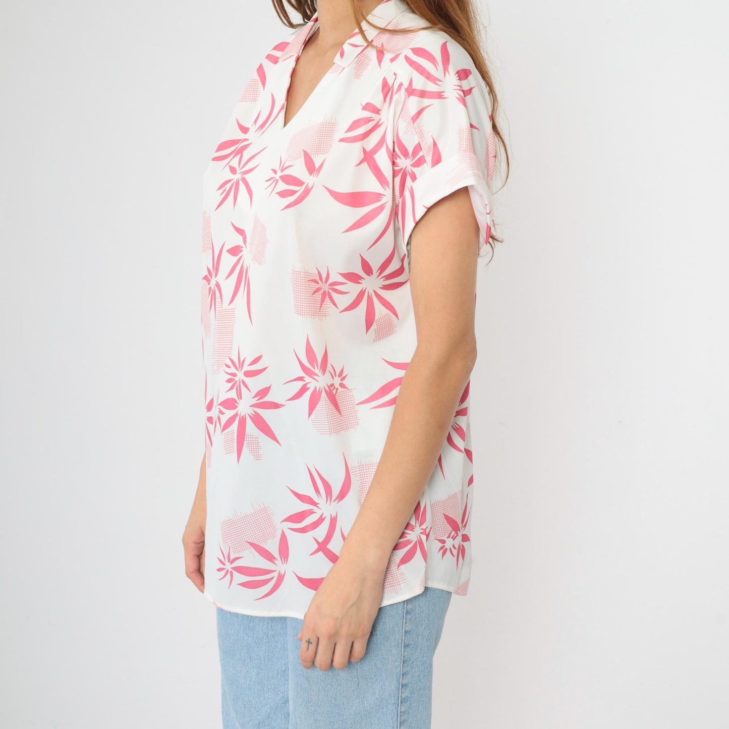80s Aimee of California Hawaiian Shirt White Pink Tropical Print V-Neck Large L