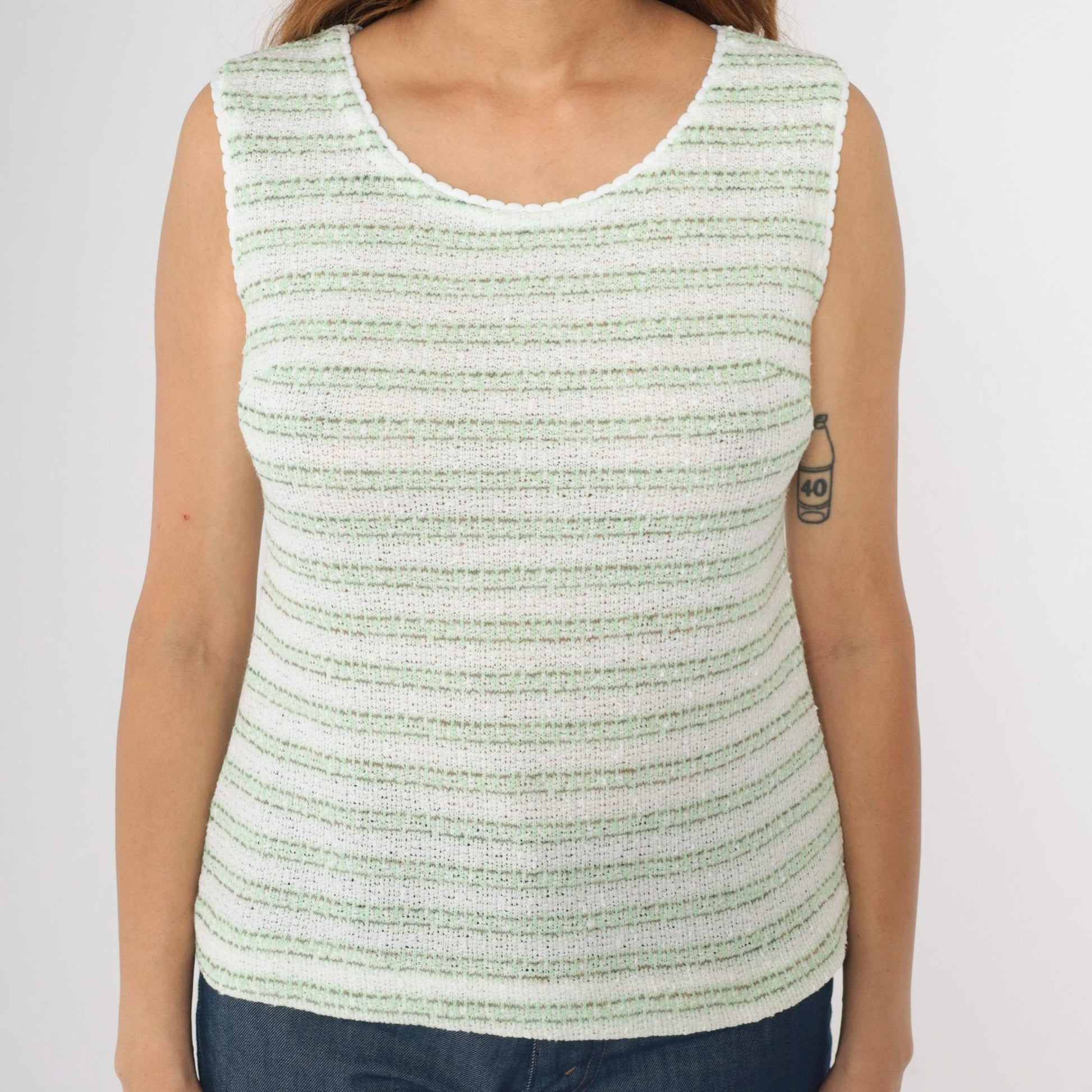 70s Green White Striped Knit Tank Top Scoop Neck Small Medium