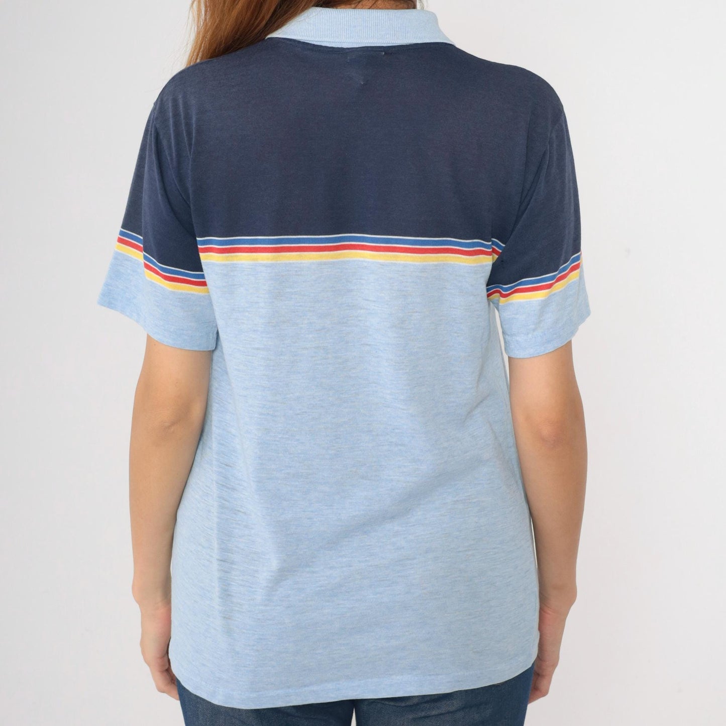 80s Campusport Polo Shirt Baby Blue Navy Colour Block Striped Medium