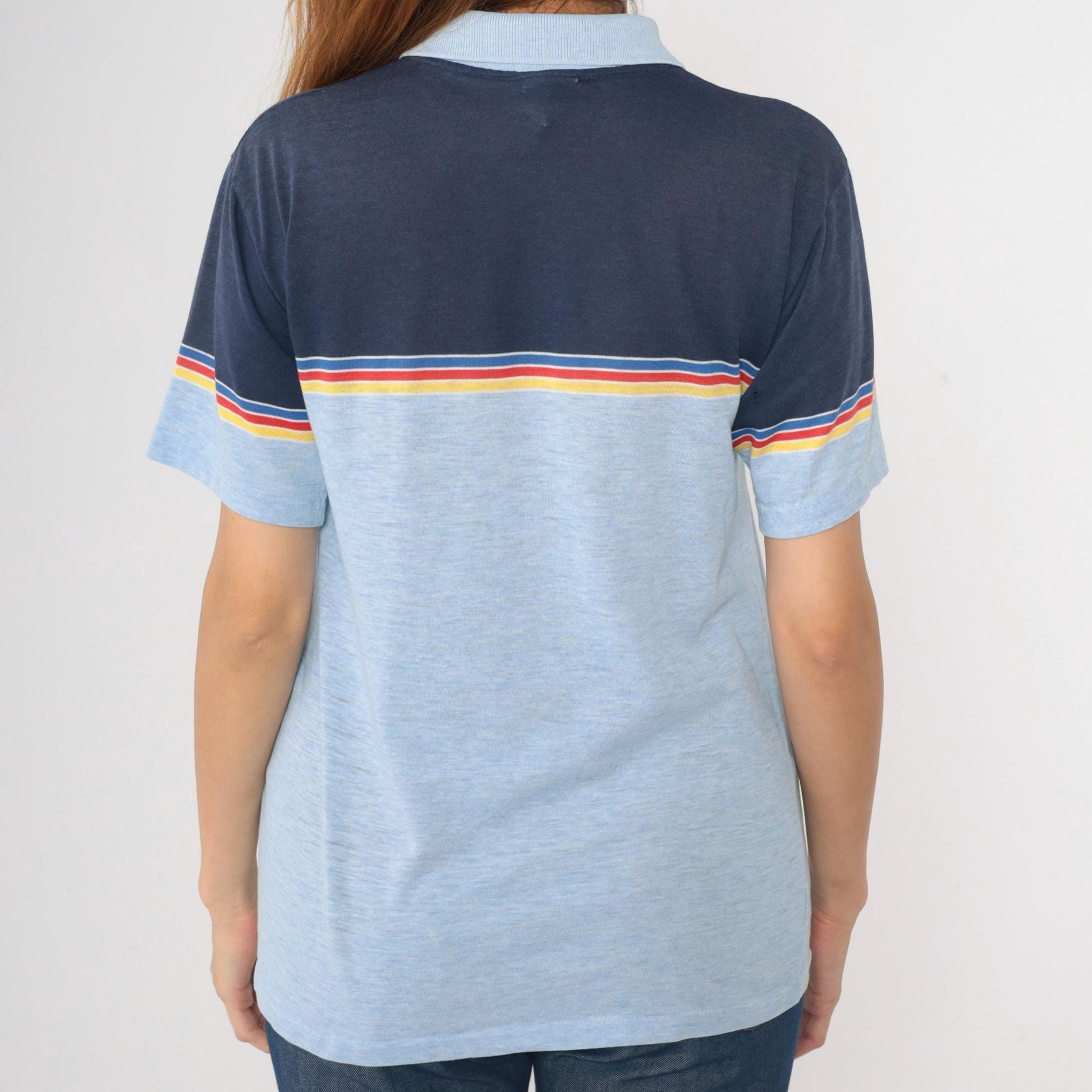 80s Campusport Polo Shirt Baby Blue Navy Colour Block Striped Medium