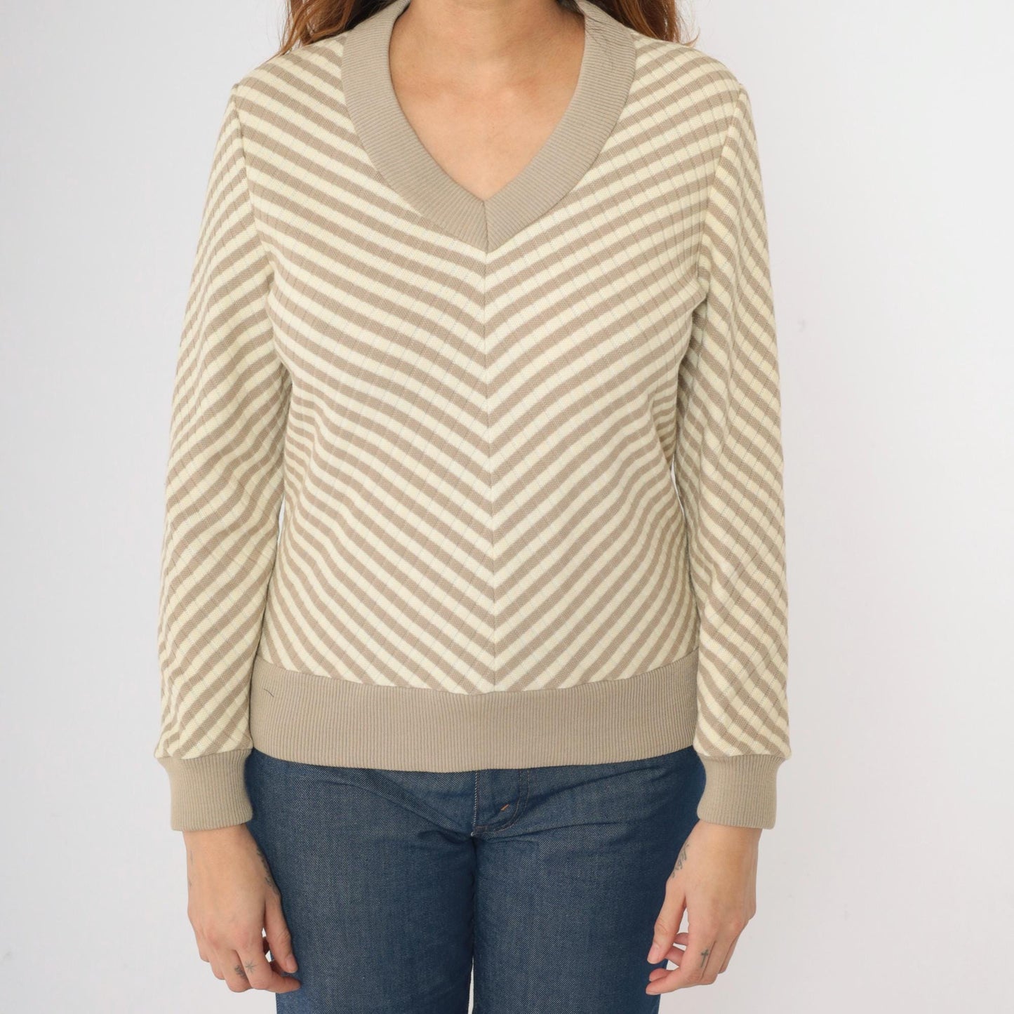 70s Tan Chevron Striped V-Neck Sweater Wool Blend Knit Small Medium